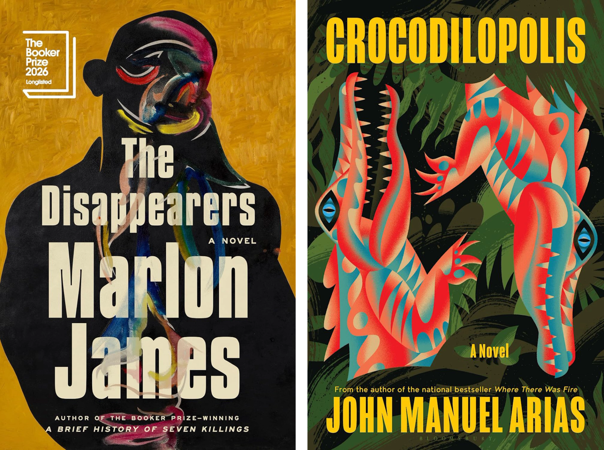 Two book covers side by side: The Disappearers by Marlon James, featuring a dark silhouette with colorful abstract markings on a gold background; and Crocodilopolis by John Manuel Arias, featuring stylized red and blue crocodile figures on a dark green background