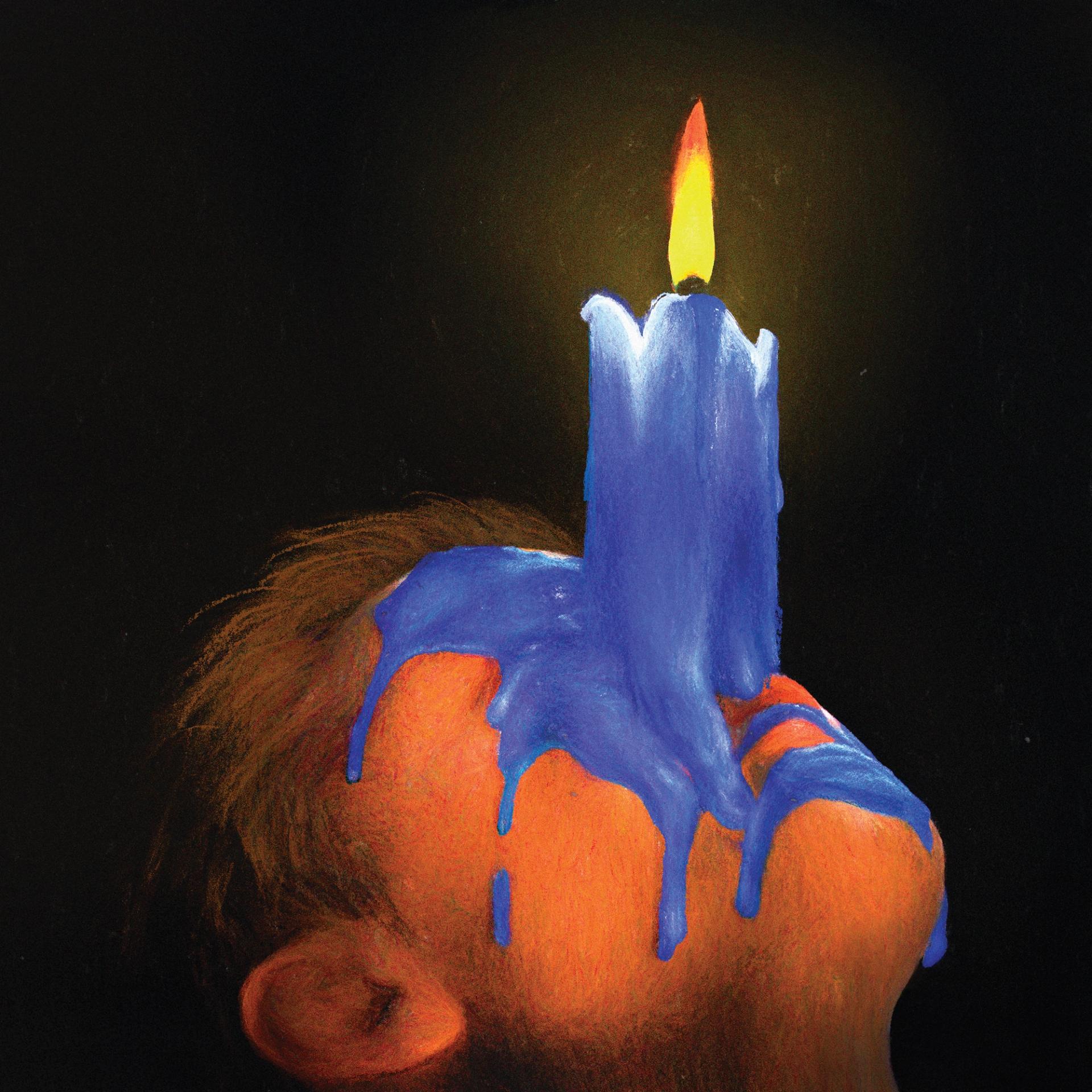 A lit blue candle stands upright on a person’s forehead, with melted wax dripping down over their face. The person’s head is tilted back against a dark background, and the candle flame glows warmly at the top.