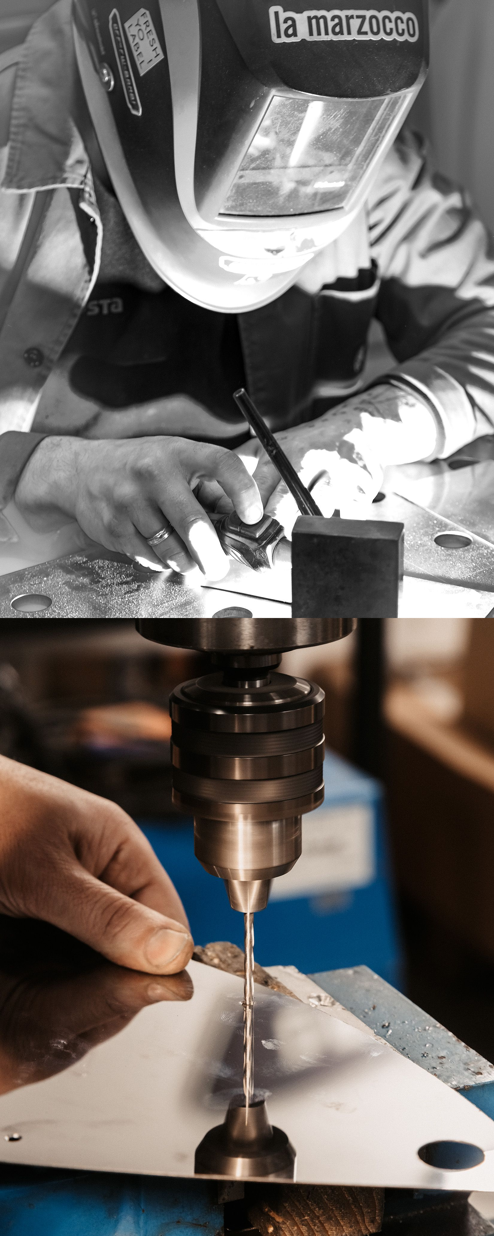 Two photos, one of a craftsperson in a helmet welding an espresso machine component, another of a close-up of precision drilling a metal component for an espresso machine.