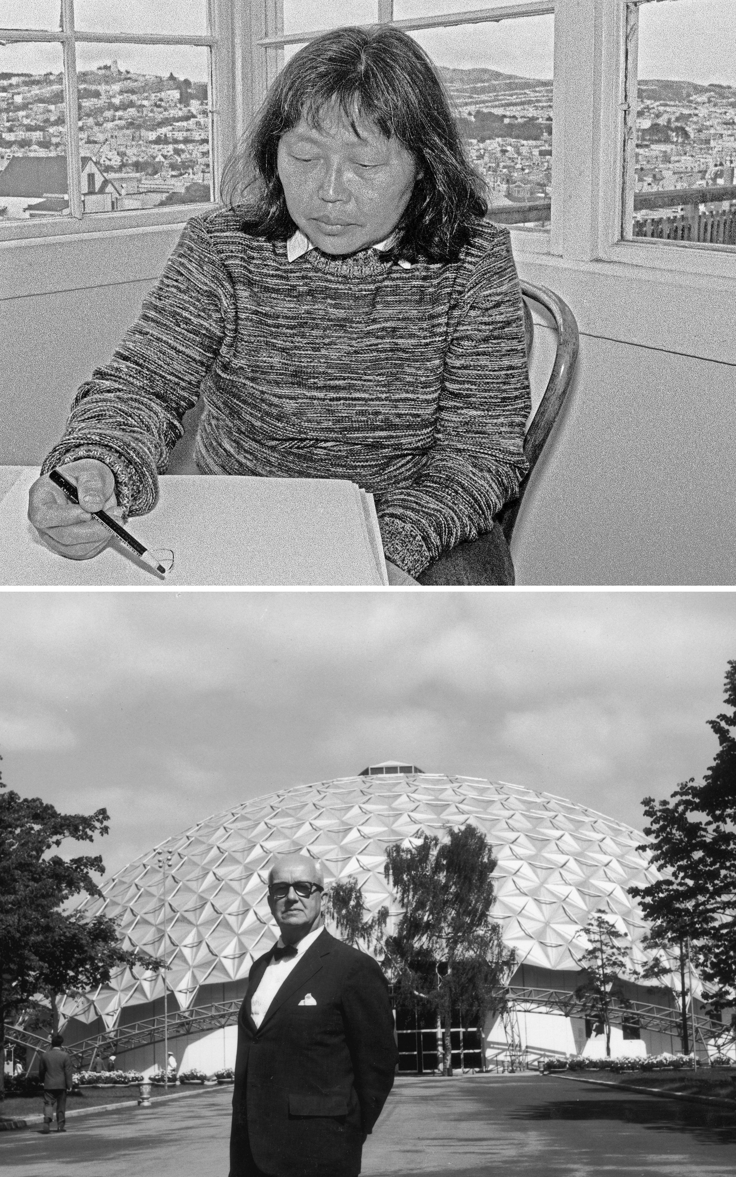 Ruth Asawa draws at a desk; American architect and inventor Richard Buckminster Fuller (1895 - 1983) posing in front of a geodesic dome.
