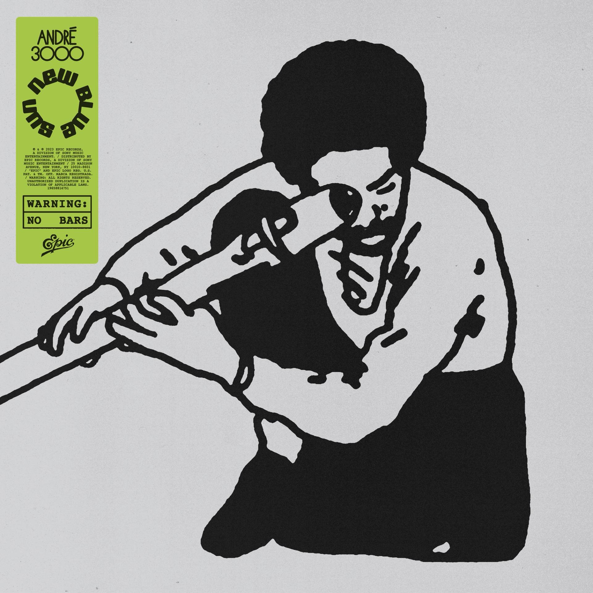 Andre 3000 album cover featuring line drawing of a man holding a large flute. 