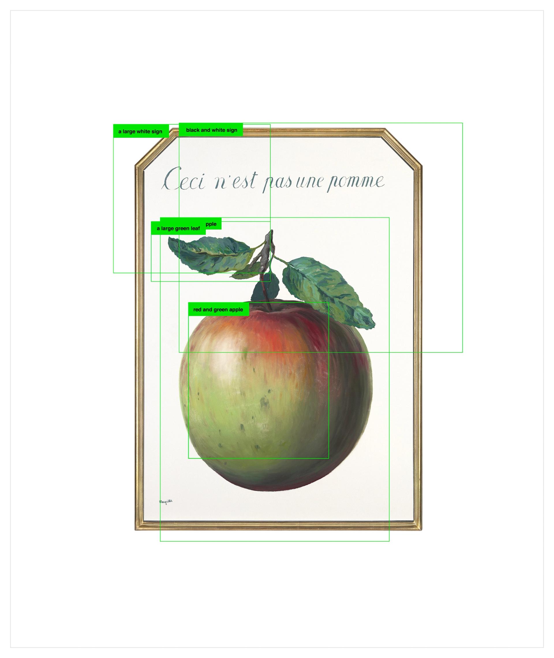 René Magritte apple painting overlaid with green image-recognition detection boxes and labels.
