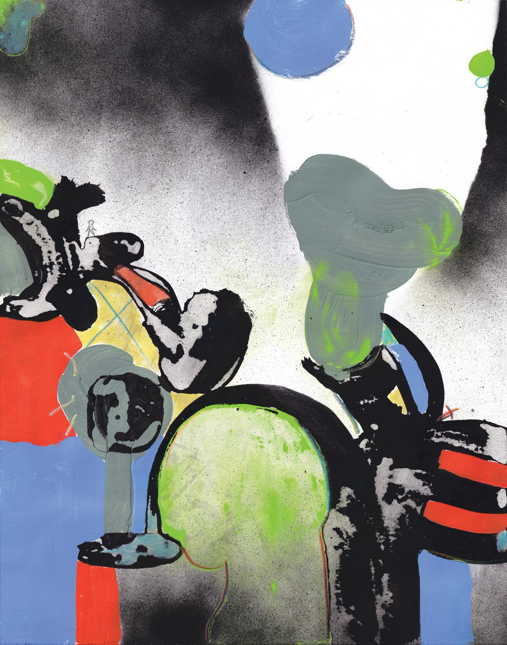 An abstract painting combining spray paint and brushwork, with bold black forms and vivid circles of green, blue, red, and orange against a white background.