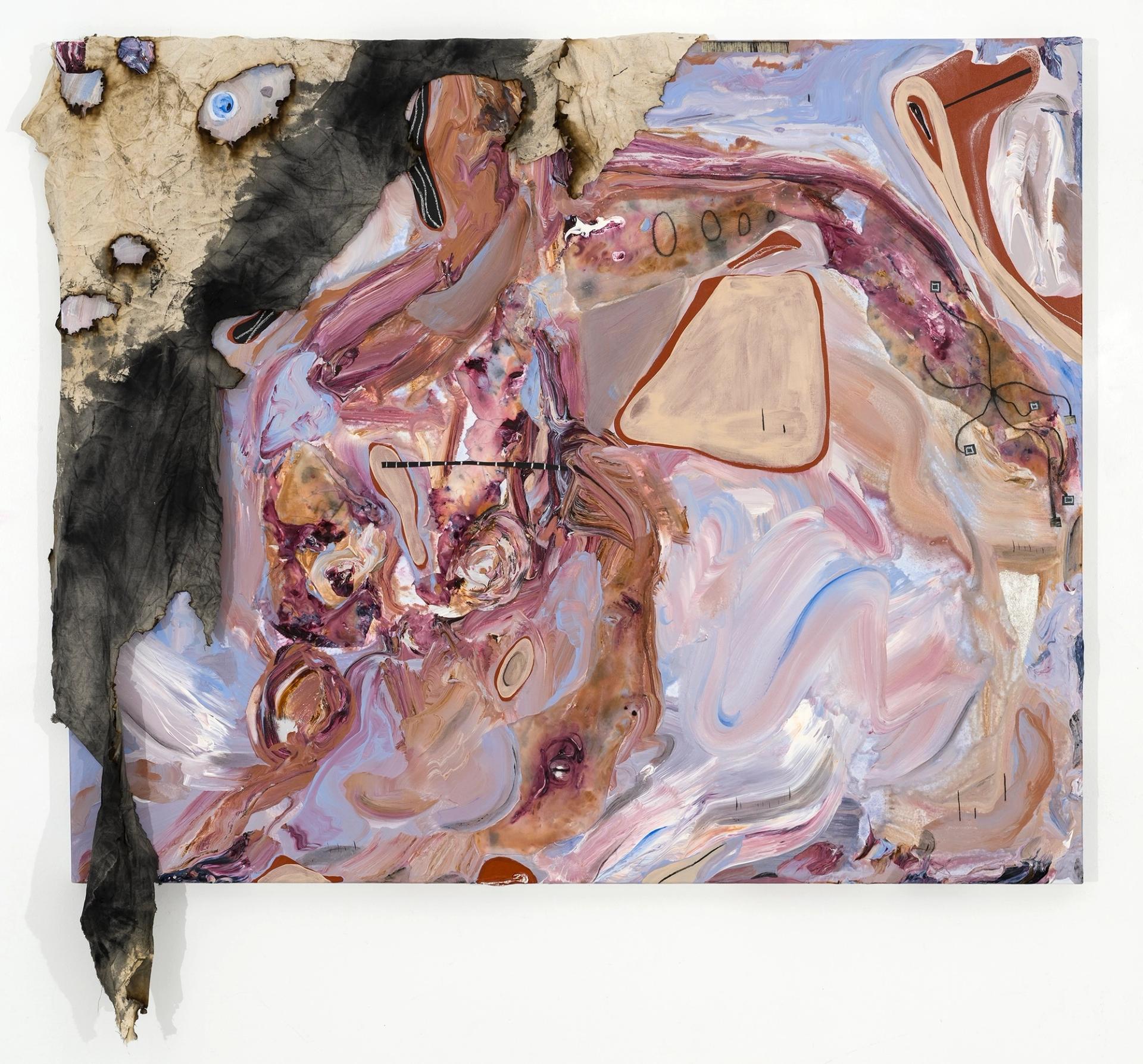 Abstract painting in pink, mauve, cream, and black with gestural forms and scorched, torn canvas along the upper left edge.