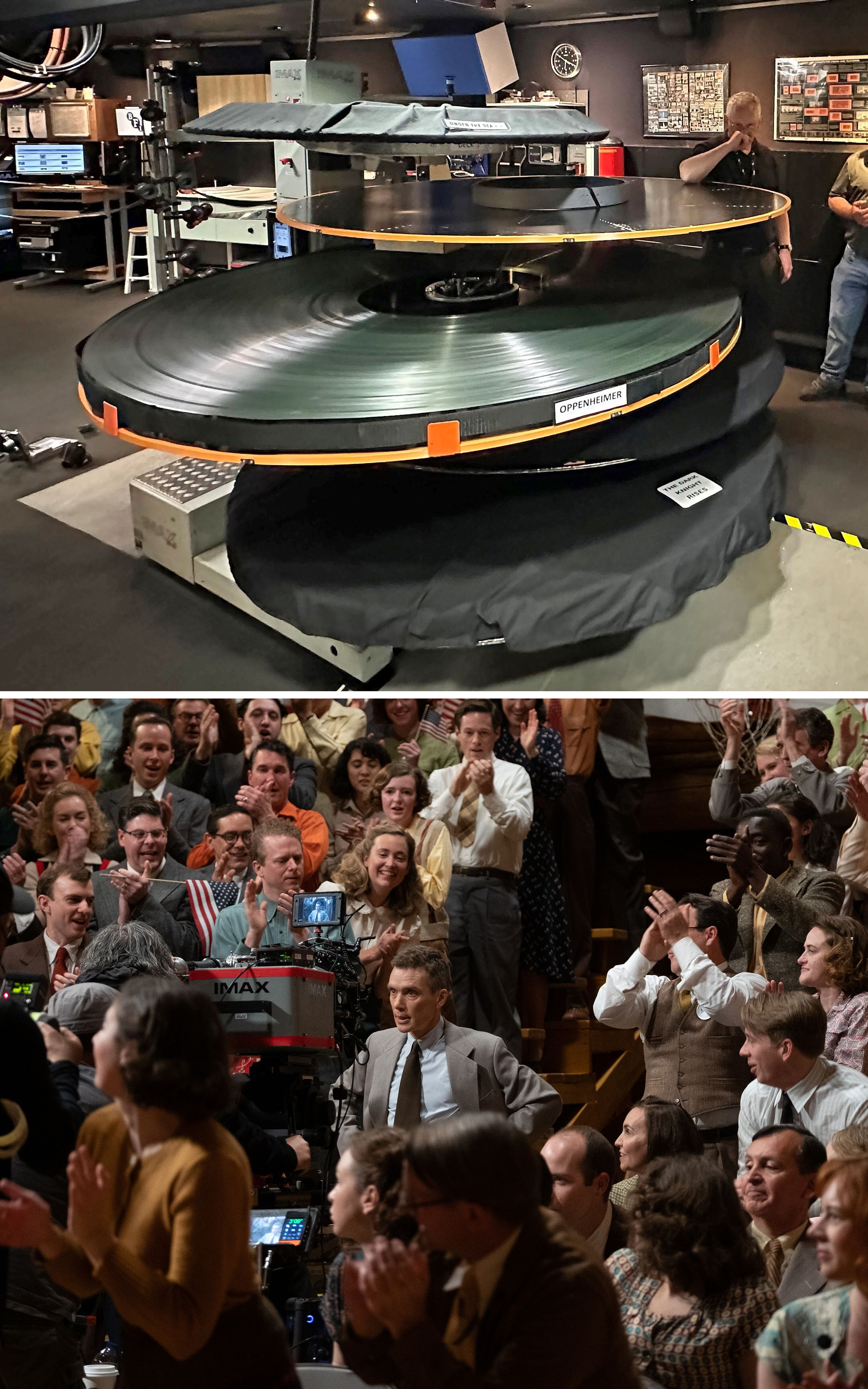 A stack of large 70mm IMAX film platters labeled with film titles including "Oppenheimer" and "The Dark Knight Rises," with two technicians standing alongside in a projection room; A behind-the-scenes film set photograph showing an IMAX camera positioned among a crowd of period-costumed extras, with an actor in a suit at center.