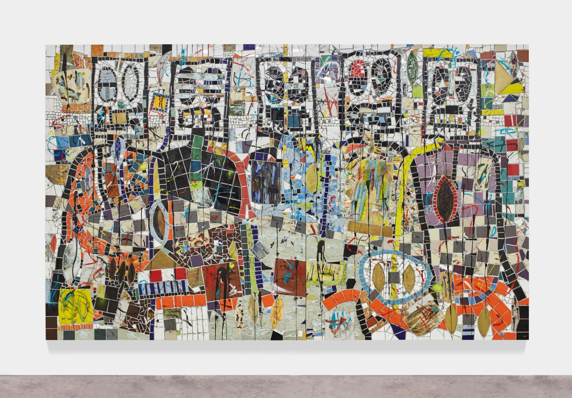 Large mosaic artwork combining colorful tiles, painted marks, and abstract geometric forms.