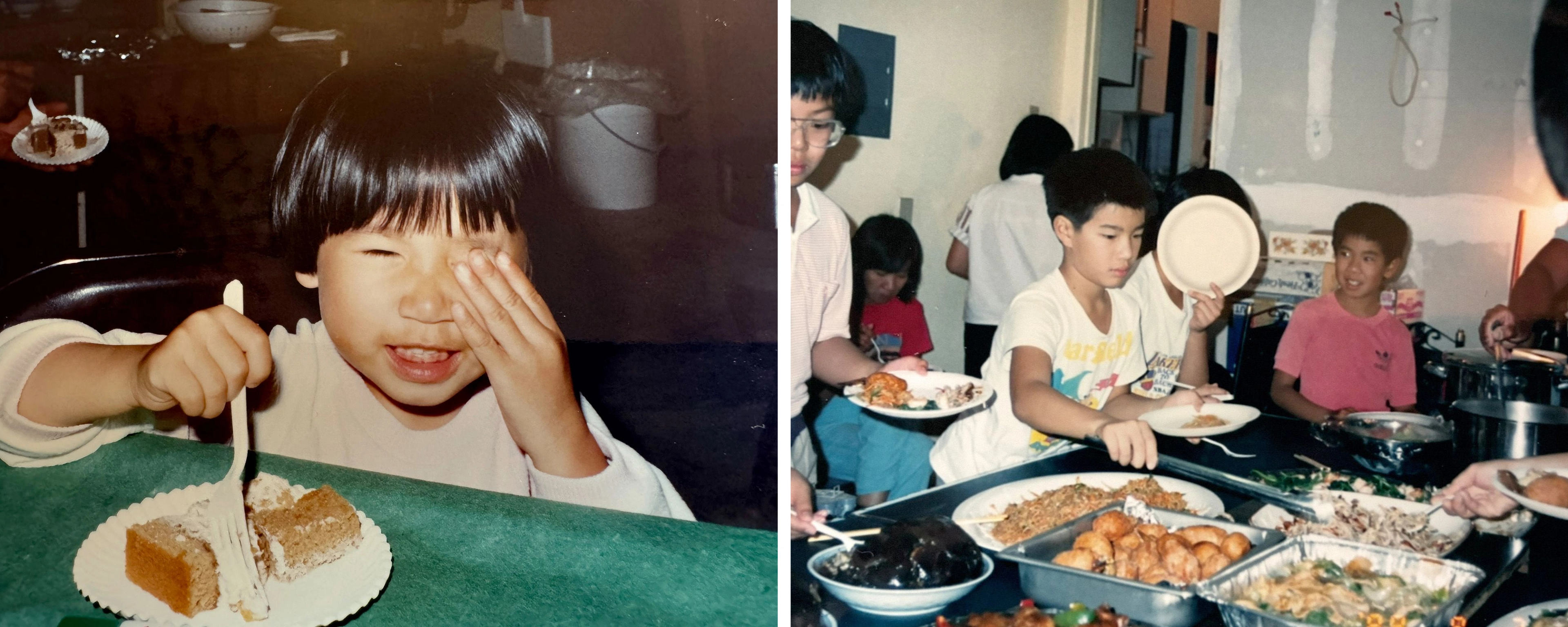 A young child with a bowl haircut laughing and covering one eye with their hand, sitting at a green table with a fork in a slice of frosted cake; Several children serving themselves from a buffet table crowded with trays of fried rice, fried dumplings, and other dishes, one boy holding up an empty plate.