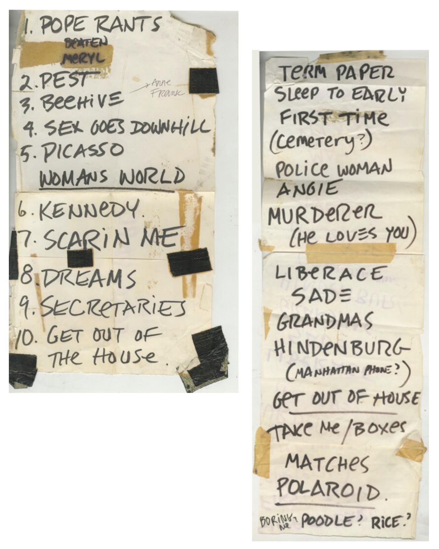 Two set lists for 1986 Frank Maya performances.
