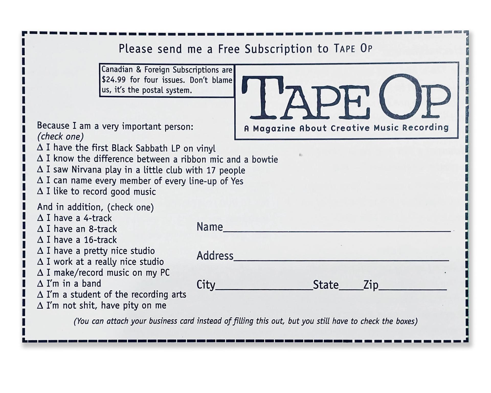 Scan of a postcard featuring the words "Please send me a Free Subscription to Tape Op" above a form and blank address field