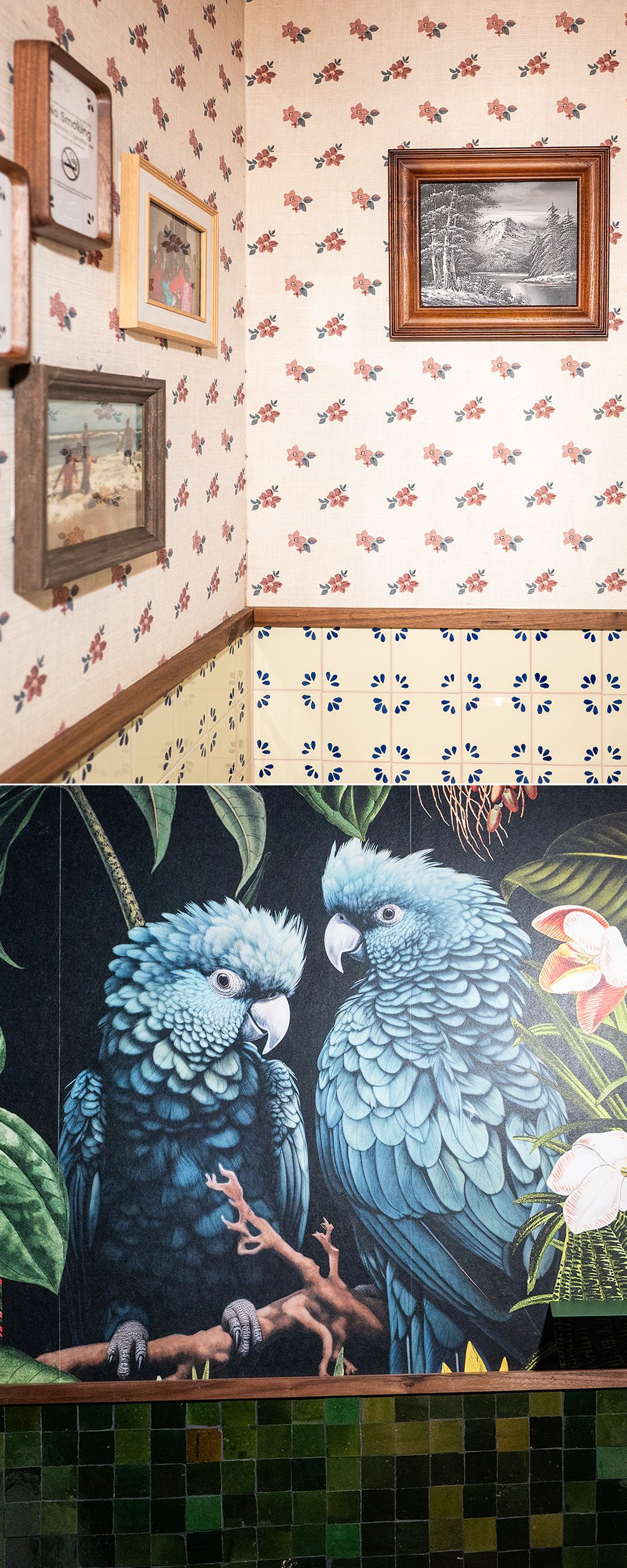 Two photos, one of a wallpapered room with framed artwork and one of a green-tiled room with a mirror and a mural of blue parrots.