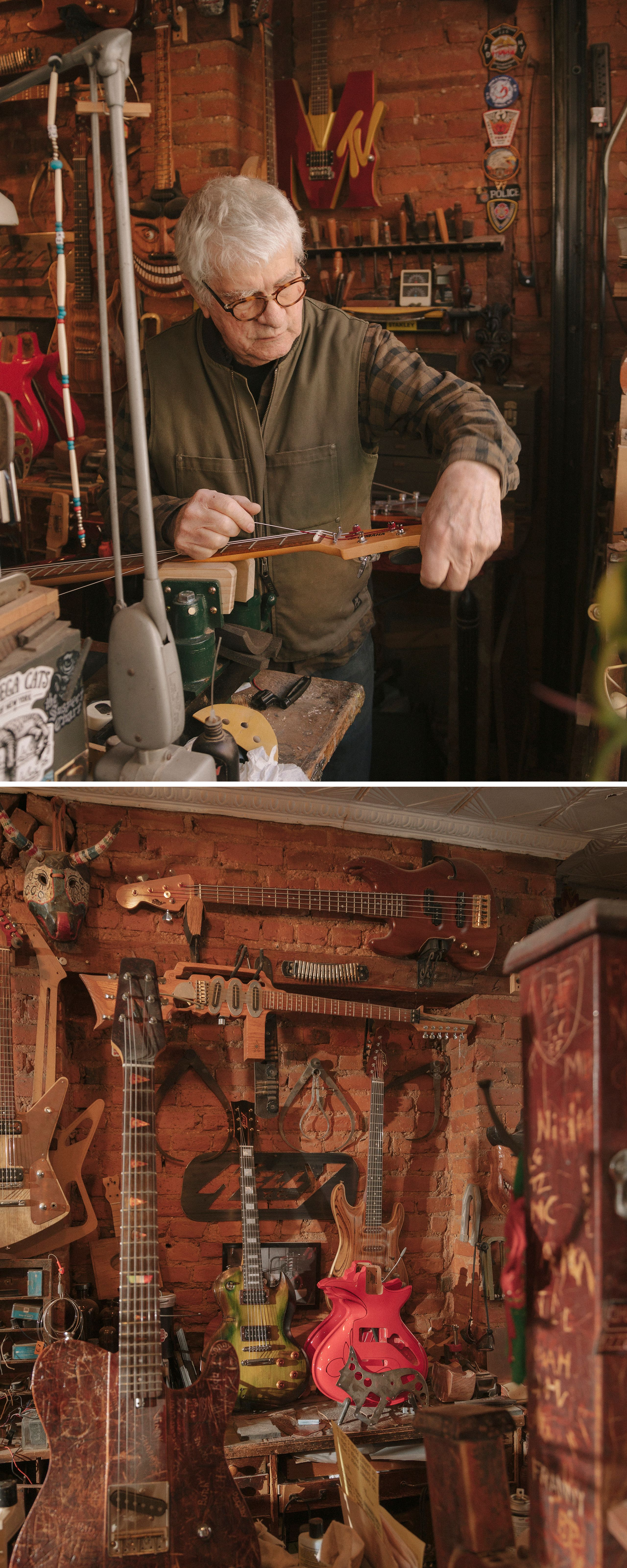 Diptych showing guitar maker at work alongside densely packed workshop filled with custom instruments.