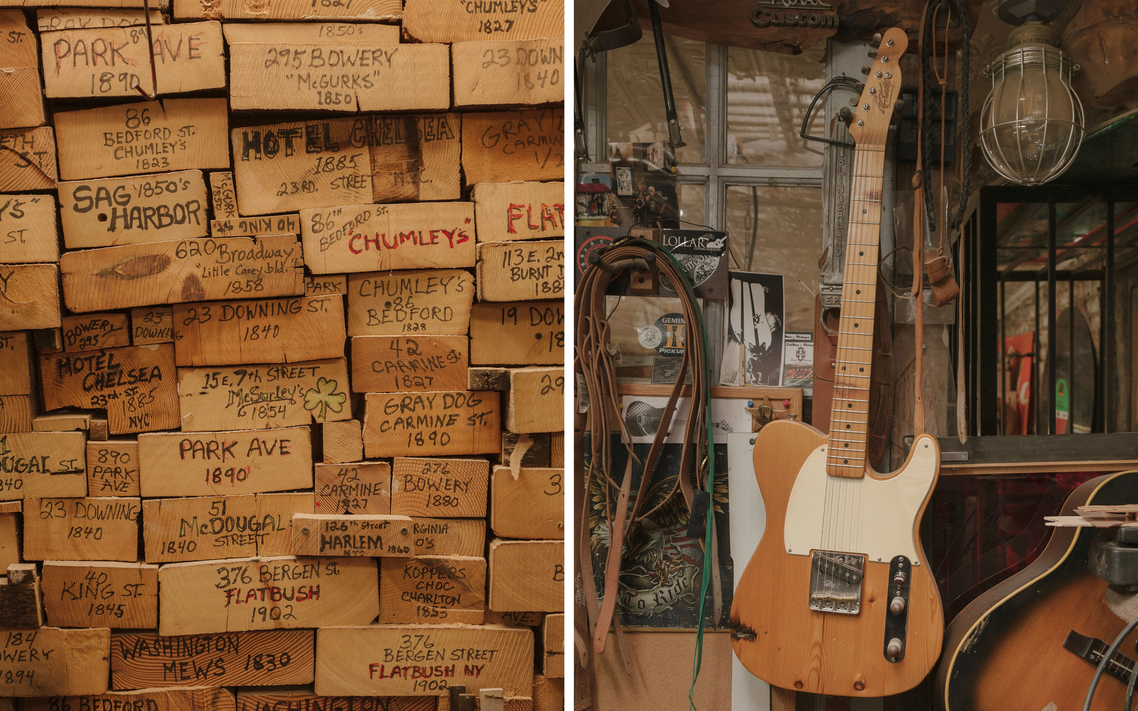 Diptych pairing handwritten wooden archival blocks with guitar-filled workshop interiors and collected objects.