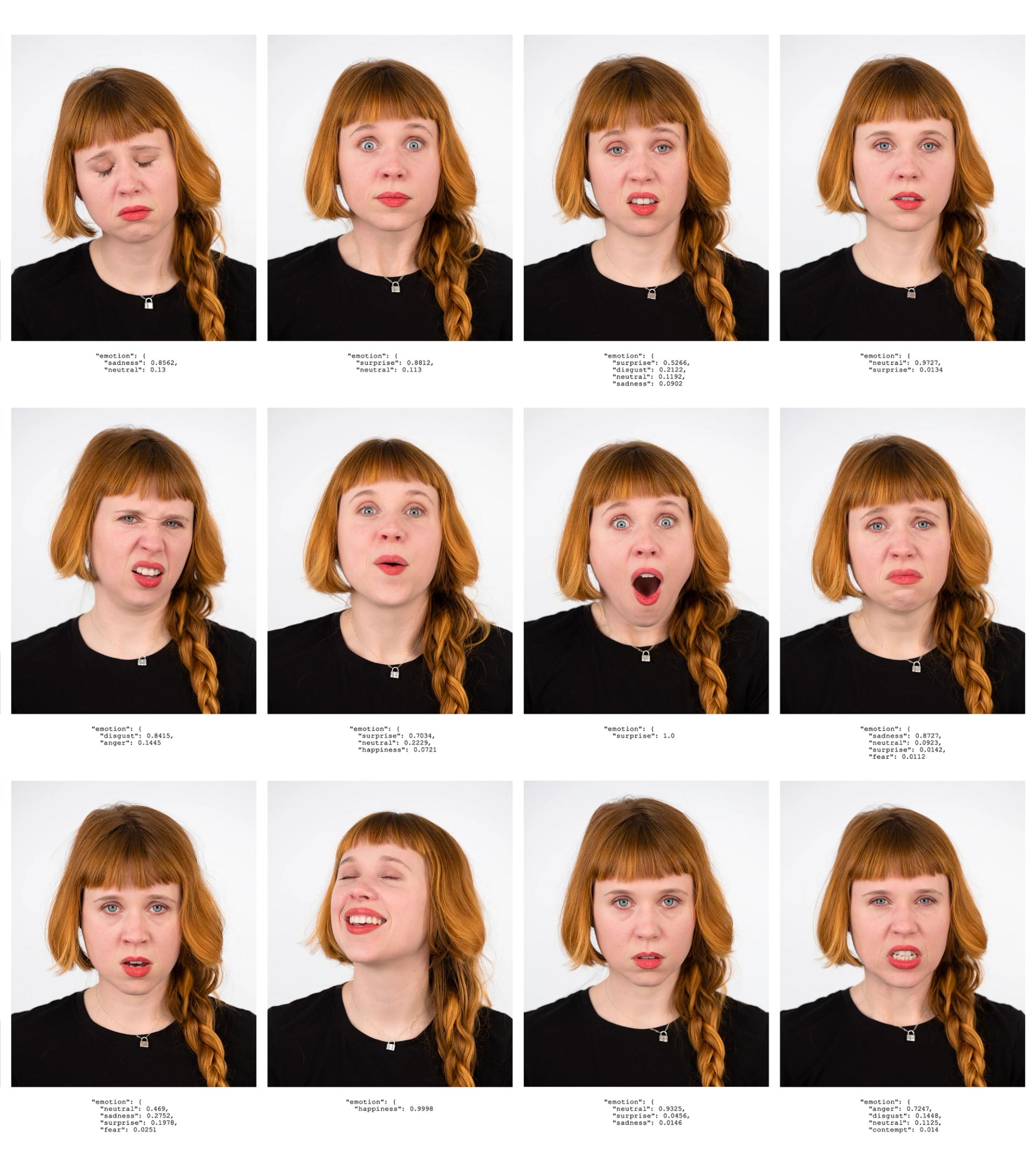 A 4 by 3 grid of images of headshots of a woman with red hair making various faces.