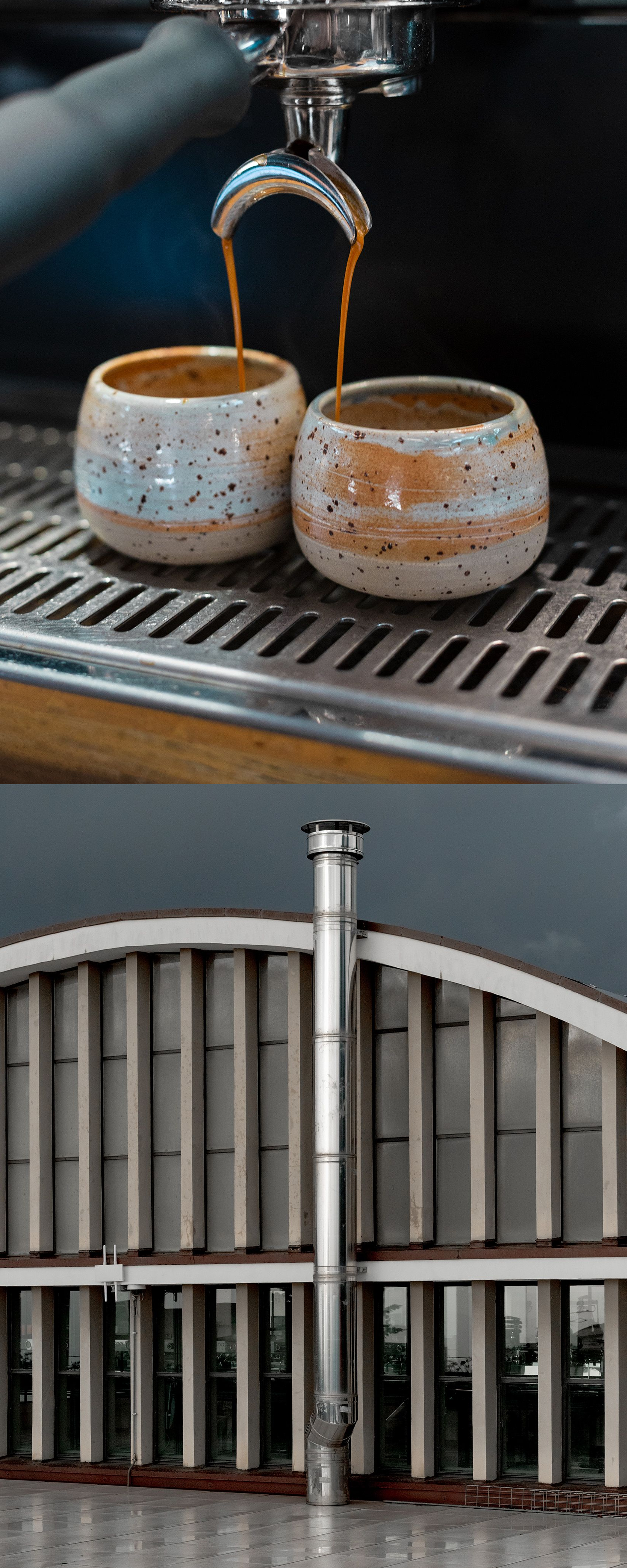 Two photos, one of two cups being filled with coffee from an espresso machine, the other of the curved facade of a building.