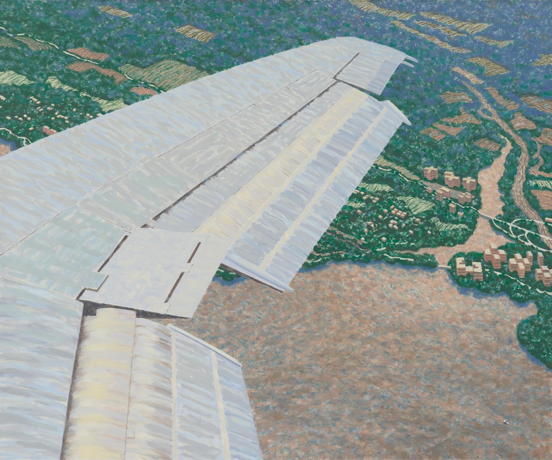 A painting of an airplane wing viewed from a window seat, with a patchwork aerial landscape of fields, vegetation, and small buildings visible below