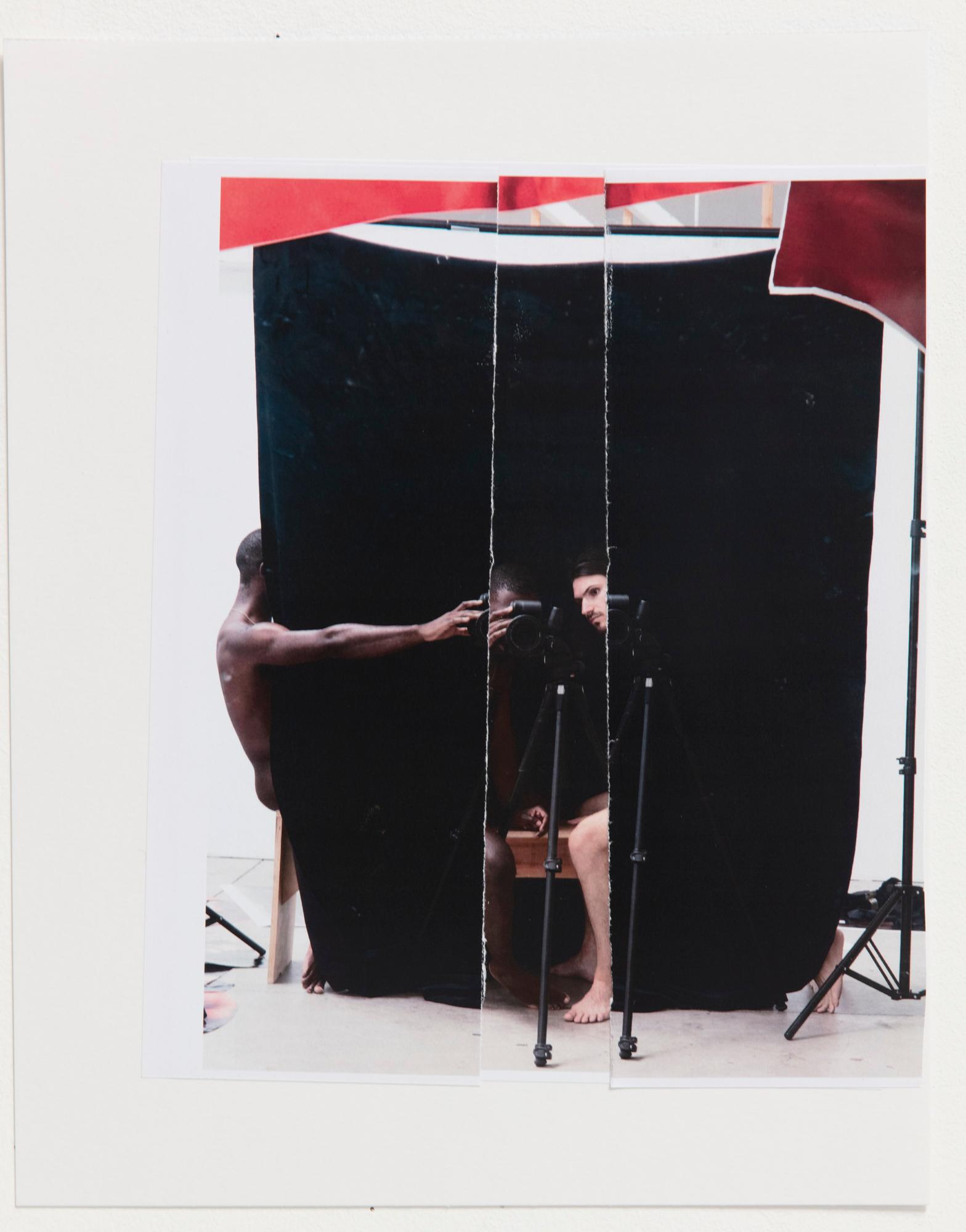 Collaged studio photograph with torn panels revealing photographers and a model behind a black backdrop.