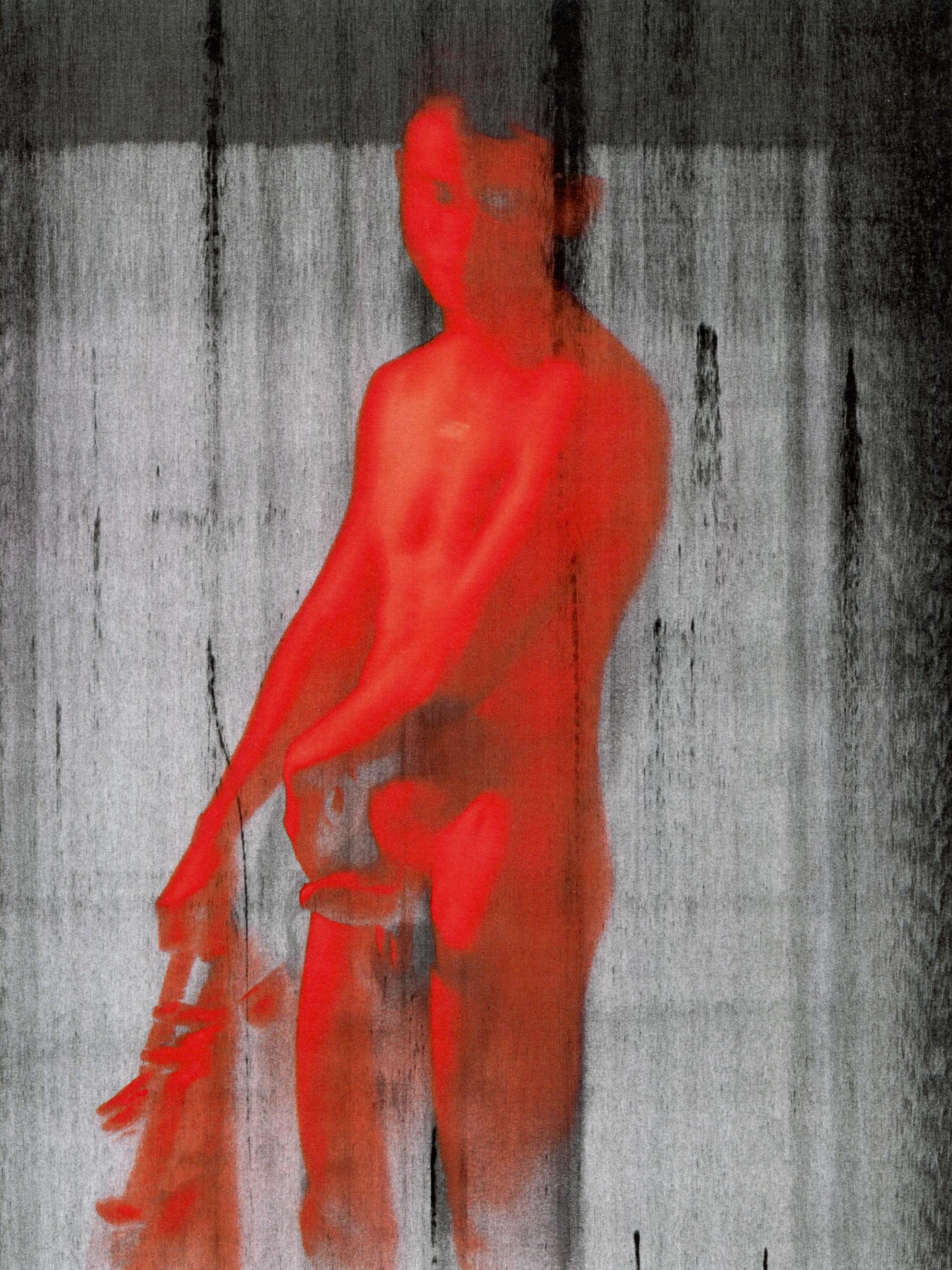 Red-toned blurred figure against a gray textured background.