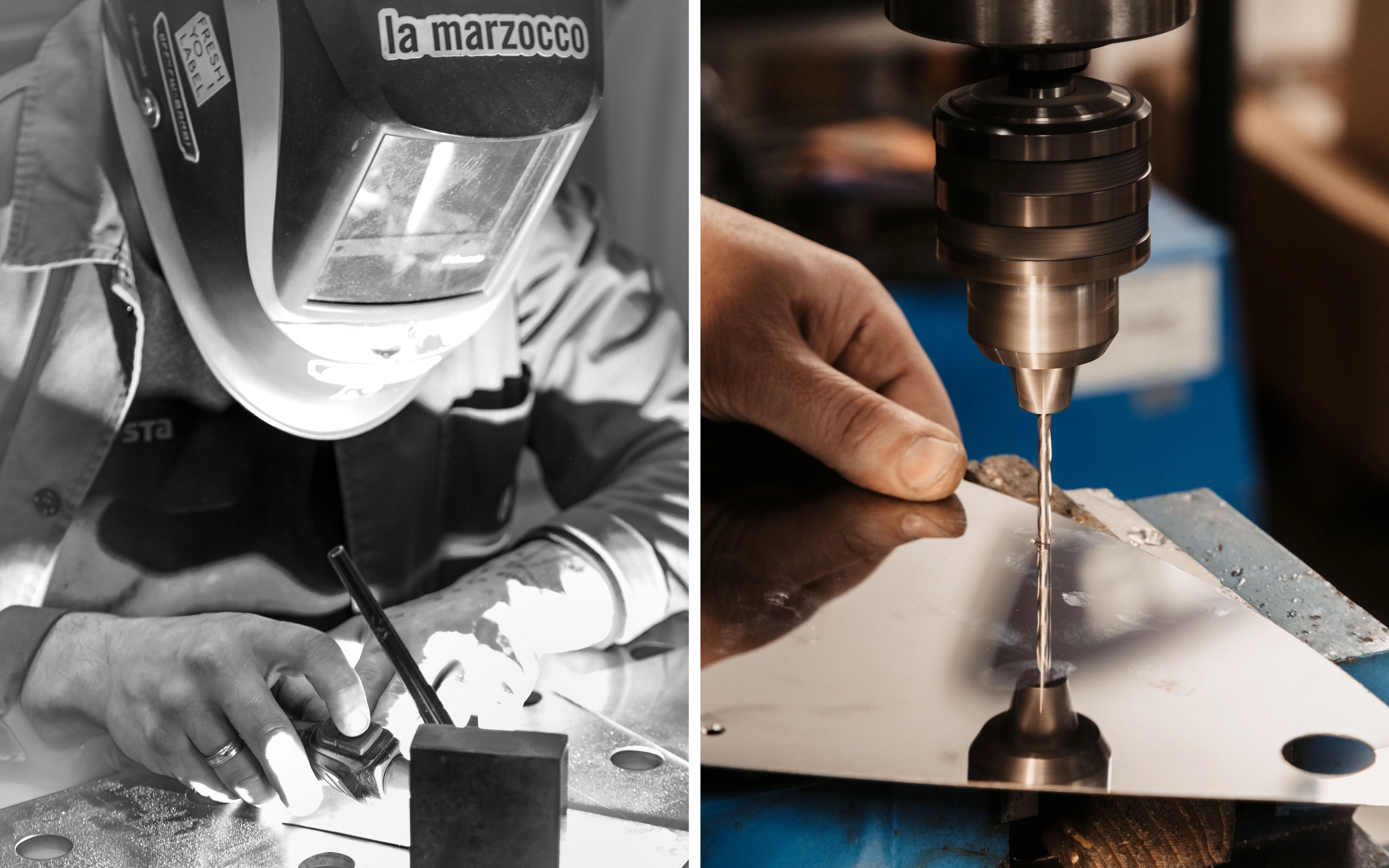 Two photos, one of a craftsperson in a helmet welding an espresso machine component, another of a close-up of precision drilling a metal component for an espresso machine.
