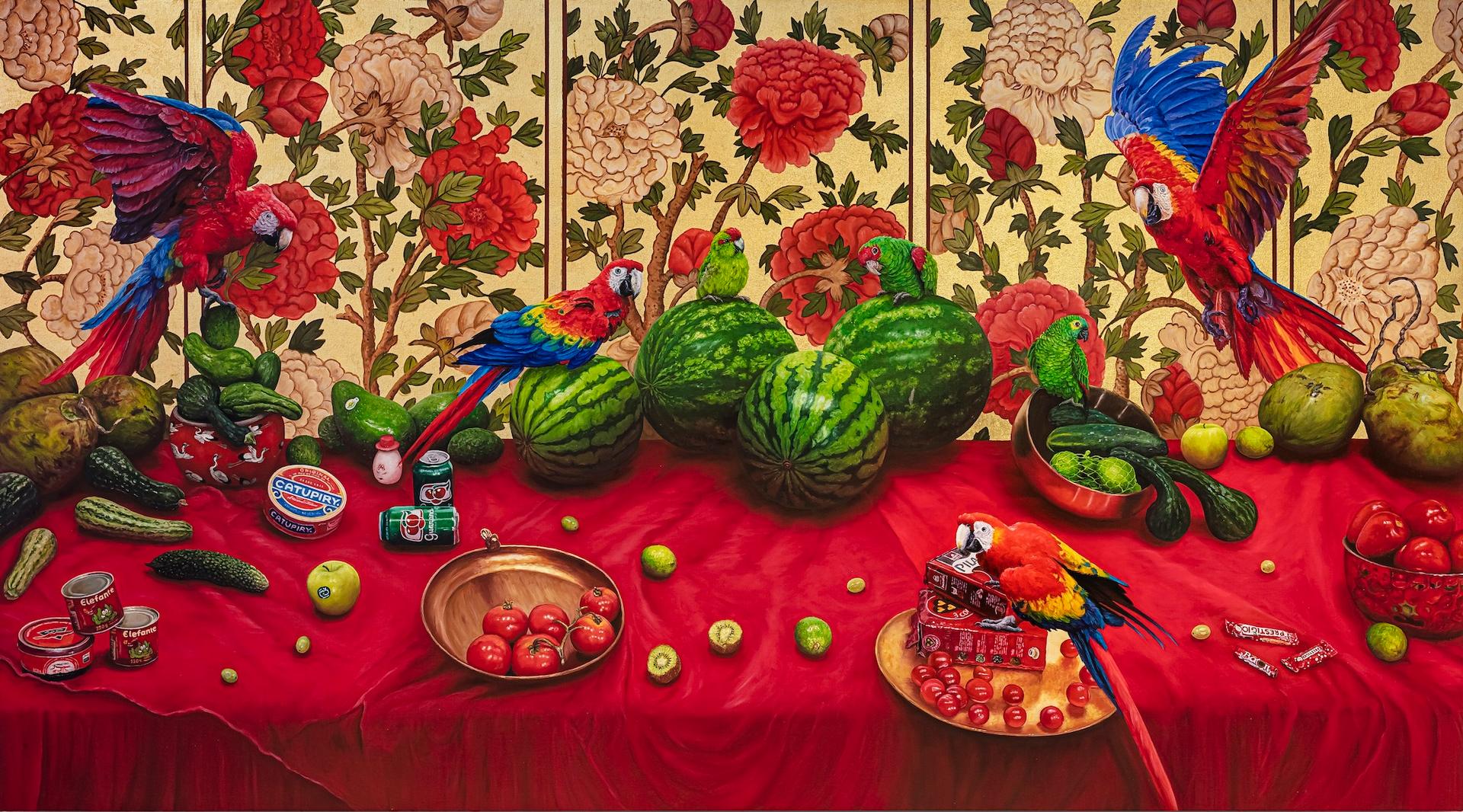 A colorful still life of parrots, watermelons, vegetables, and packaged foods set against a gold floral wallpaper.
