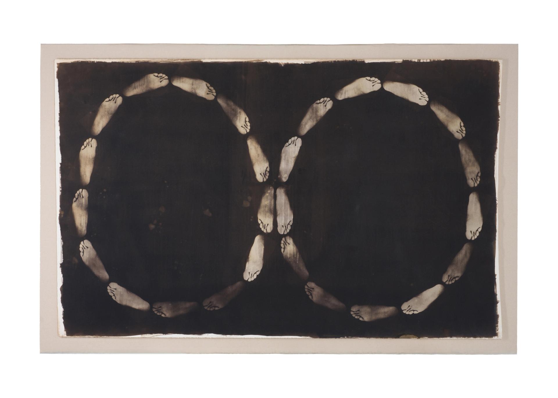 Circular arrangement of feet repeated across a dark-toned abstract composition.