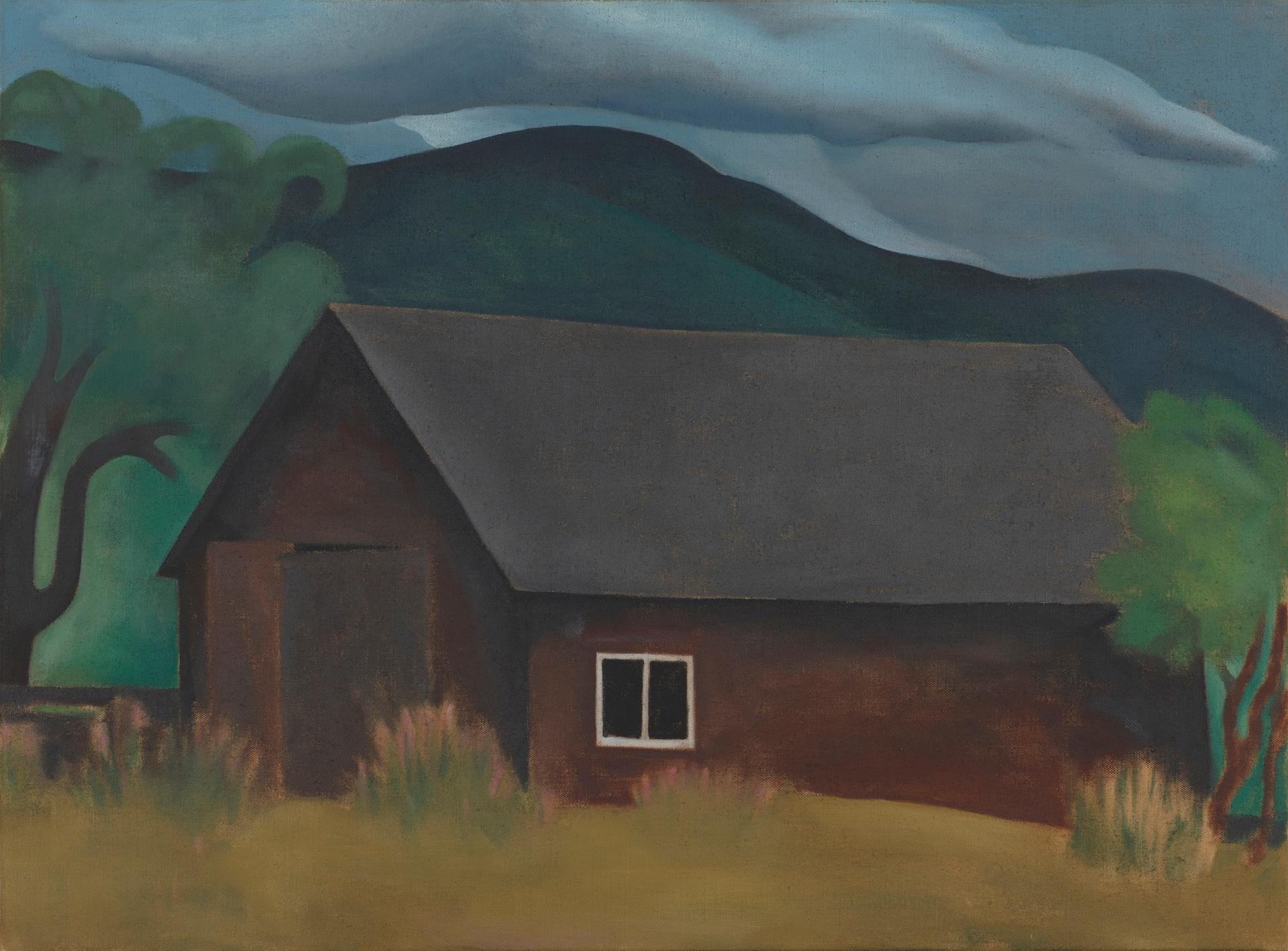 Painting of a dark brown shingled cabin with a steeply pitched gray roof and a single white-framed window, set against layered dark green mountains and a cloudy blue-gray sky
