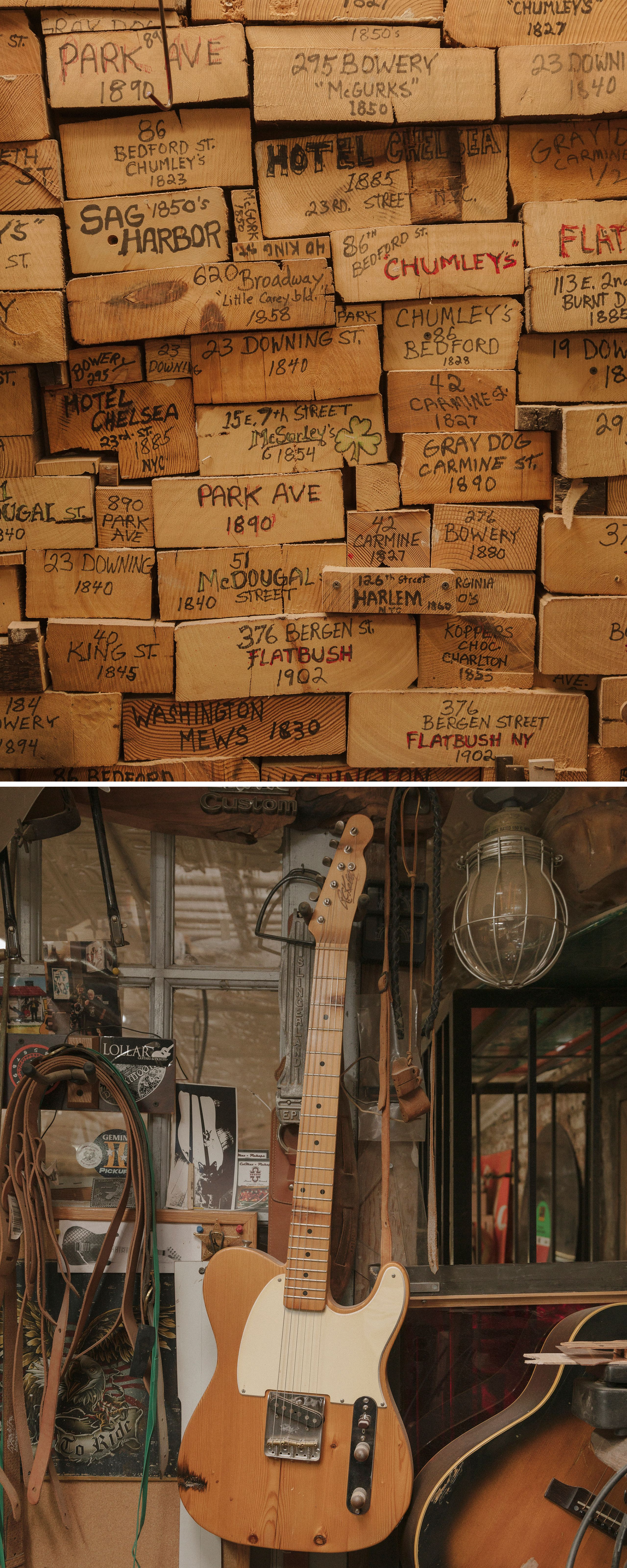 Diptych pairing handwritten wooden archival blocks with guitar-filled workshop interiors and collected objects.