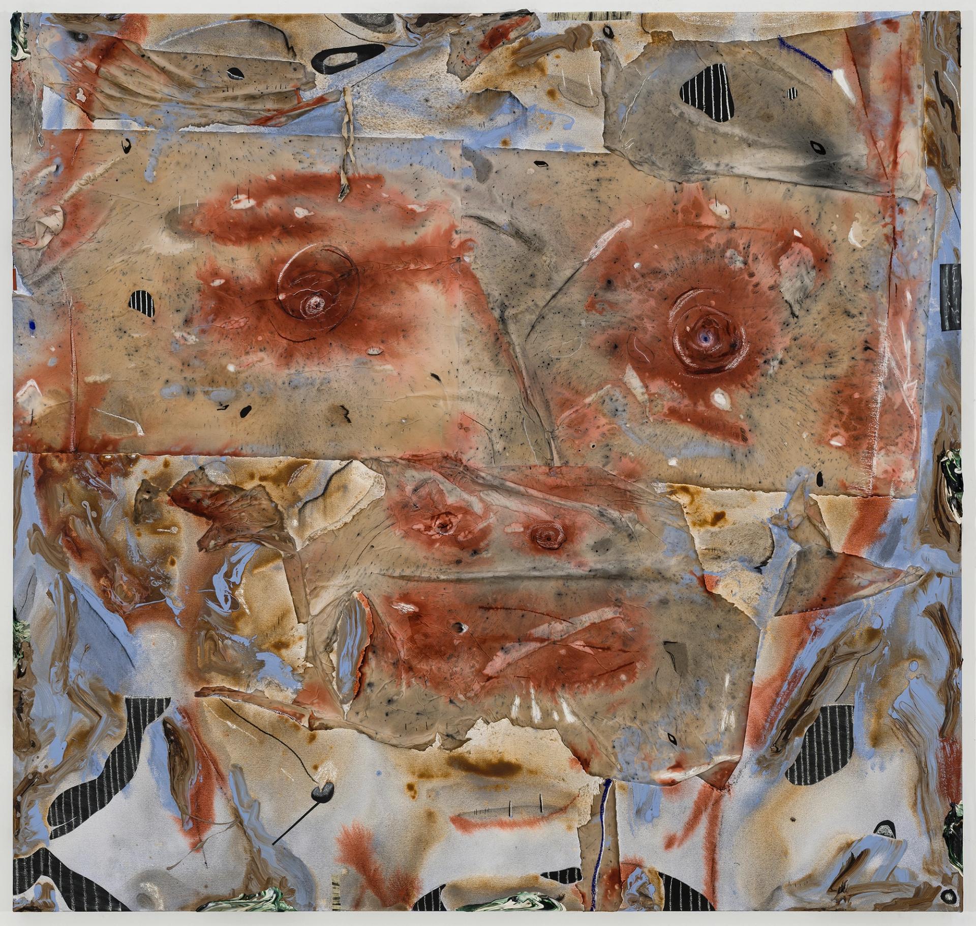 Abstract mixed-media painting in muted beige, rust, blue, and gray, layered with translucent sheets, organic forms, and circular, wound-like motifs.