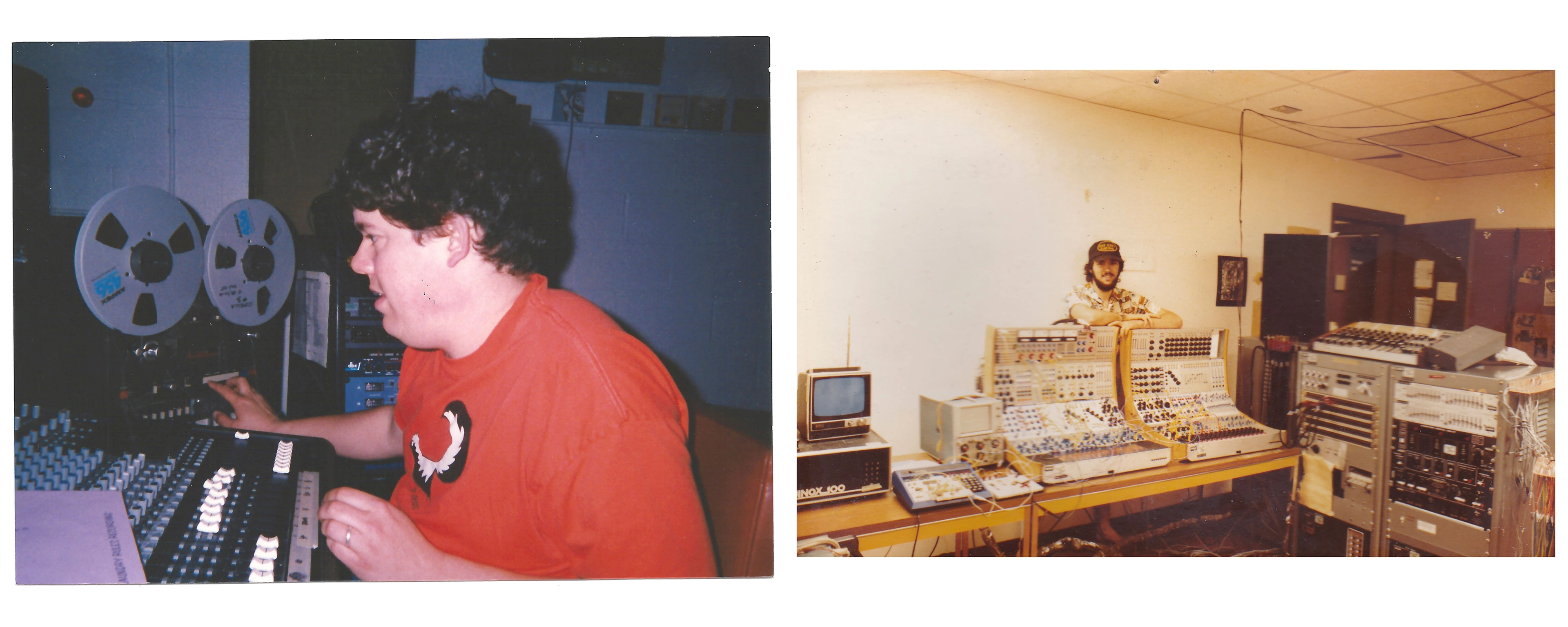 vintage photograph of a man in a red T-shirt working at a mixing console in a recording studio, with two reel-to-reel tape machines visible behind him; A vintage photograph of a bearded man in a cap leaning over a large modular synthesizer system, surrounded by additional electronic music equipment and an early computer monitor