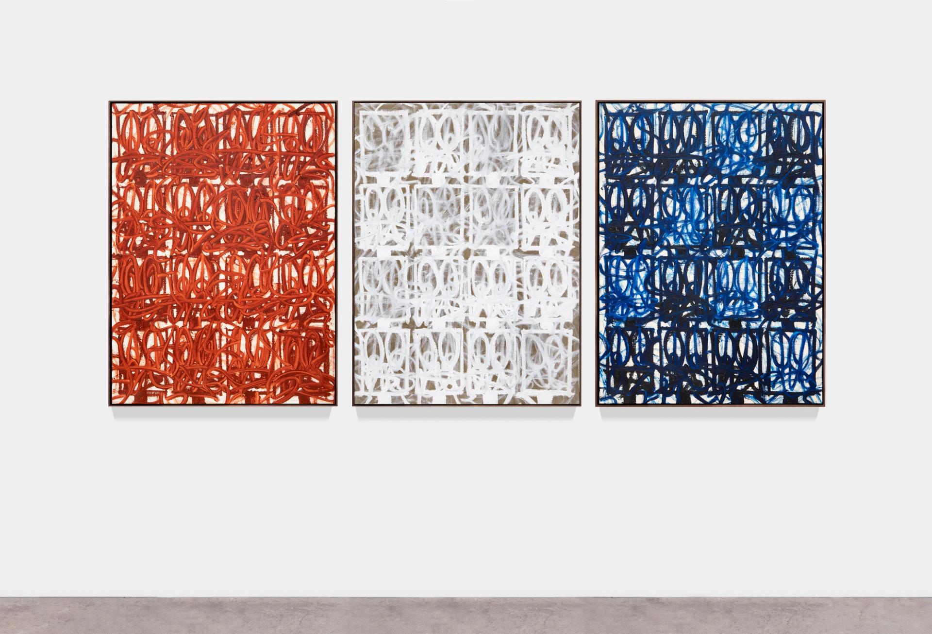 Triptych of abstract paintings with looping red, white, and blue brushstrokes in grid-like compositions.