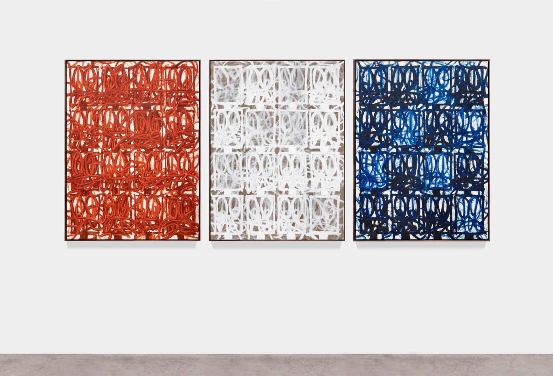 Triptych of abstract paintings with looping red, white, and blue brushstrokes in grid-like compositions.