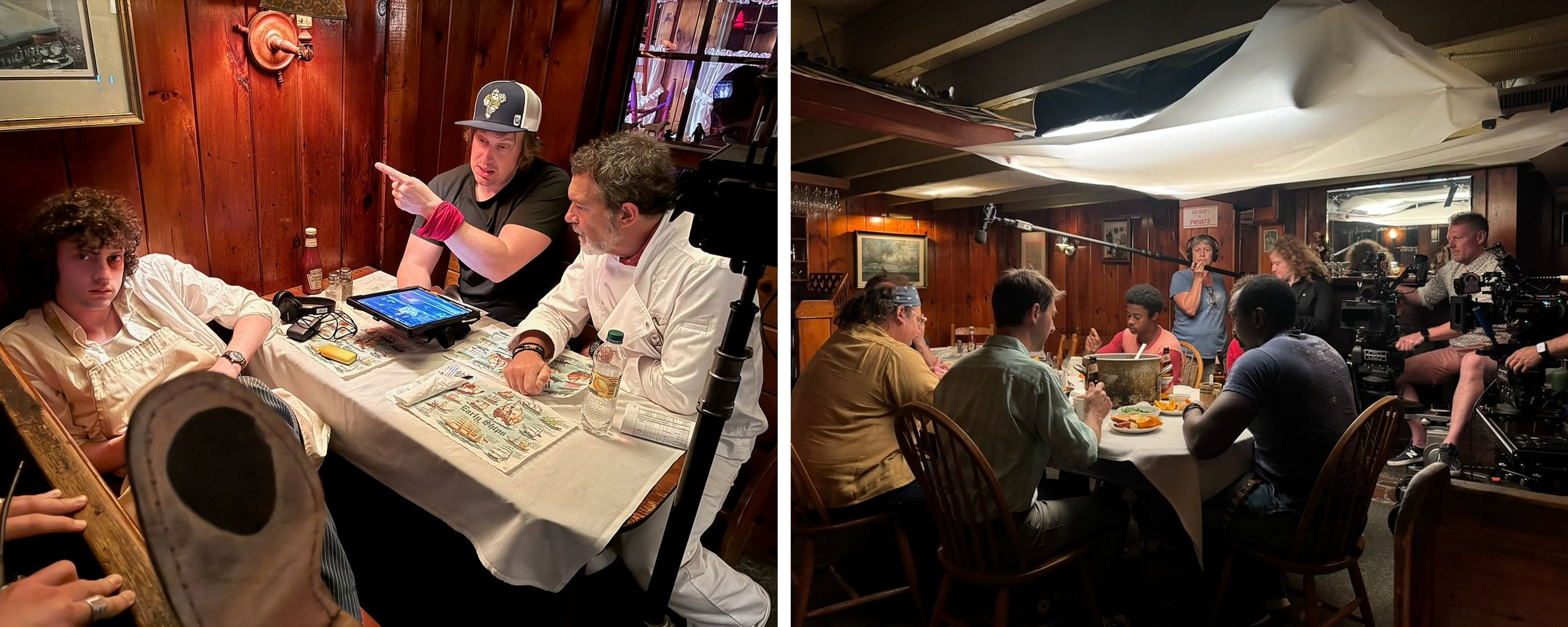 Two behind the scenes photos of the cast and crew of Tony.