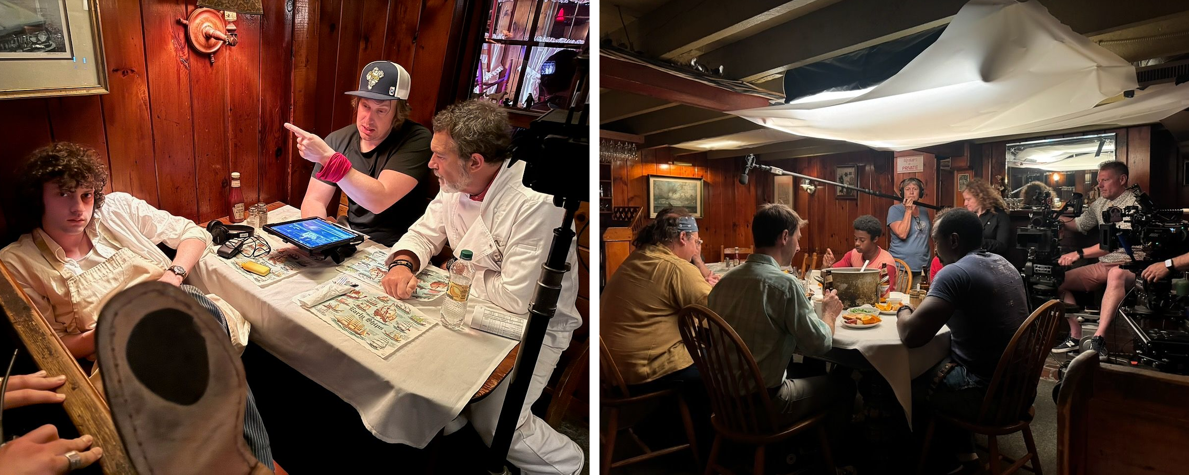 Two behind the scenes photos of the cast and crew of Tony.