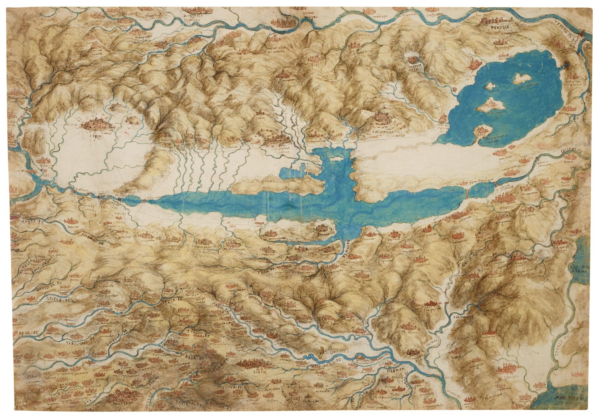 Hand-drawn Renaissance map showing rivers, mountains, lakes, and towns across the Tuscan landscape.