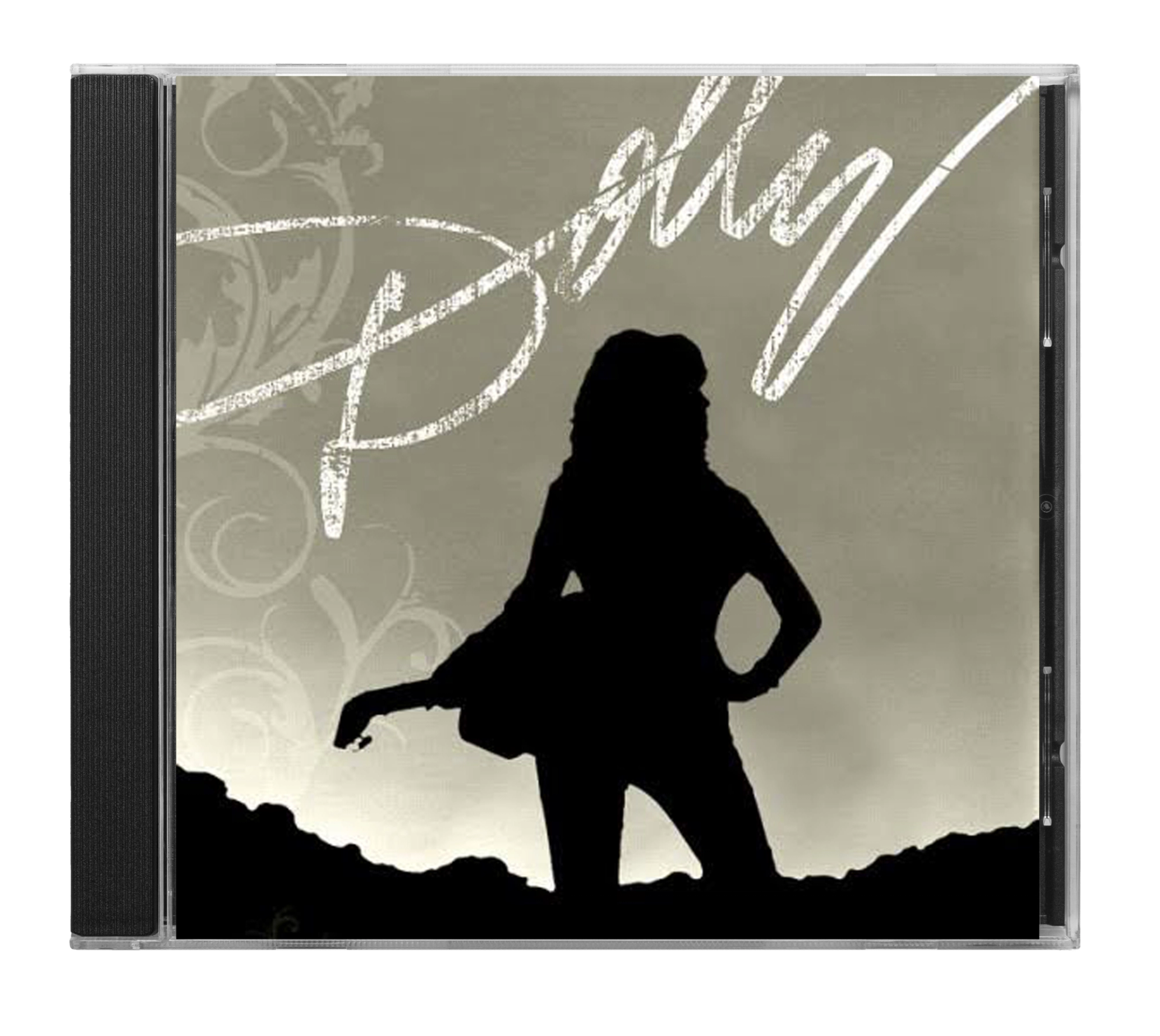 A CD in a jewel case with cover art showing a silhouetted figure holding a guitar against a sepia background, with the cursive title "Dolly" in white script