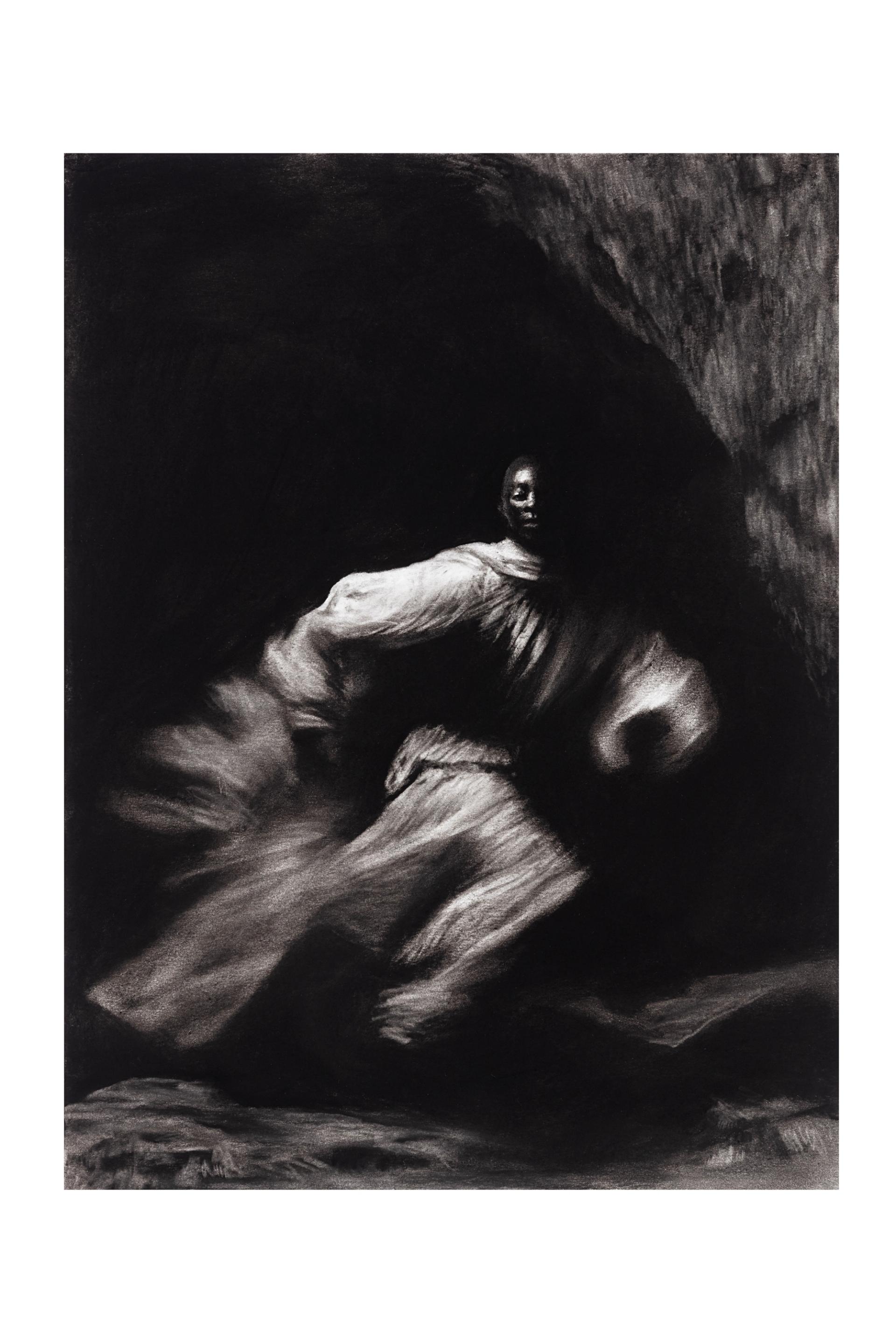 Charcoal drawing of a figure in flowing robes emerging from deep shadow, with sweeping, blurred strokes suggesting movement.