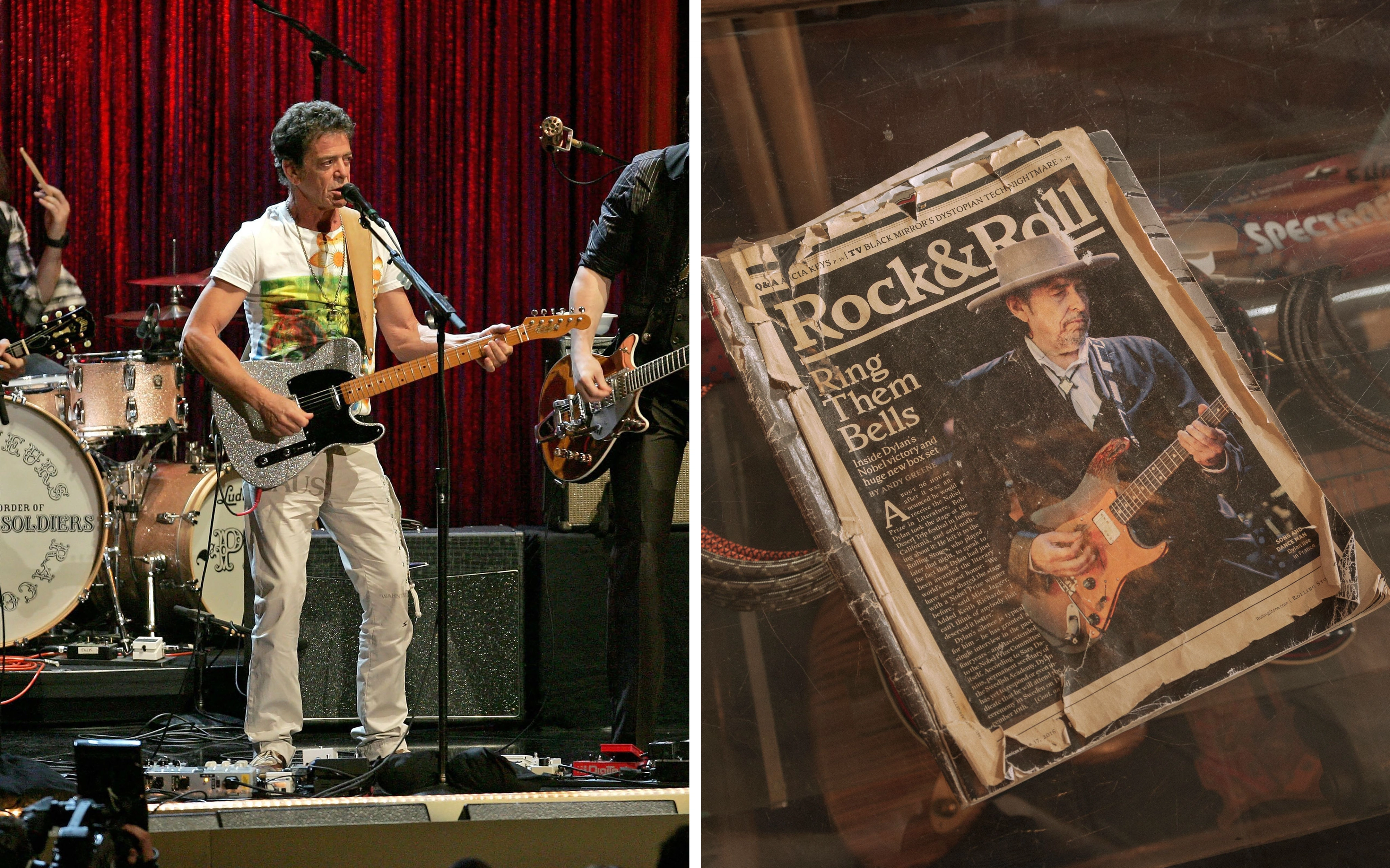 Diptych pairing live guitar performance with vintage music magazine memorabilia and rock ephemera.