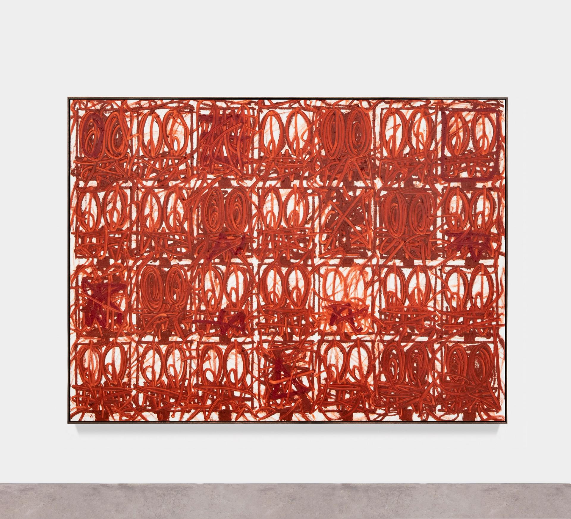 Large abstract painting filled with looping red brushstrokes arranged in dense grid-like composition.