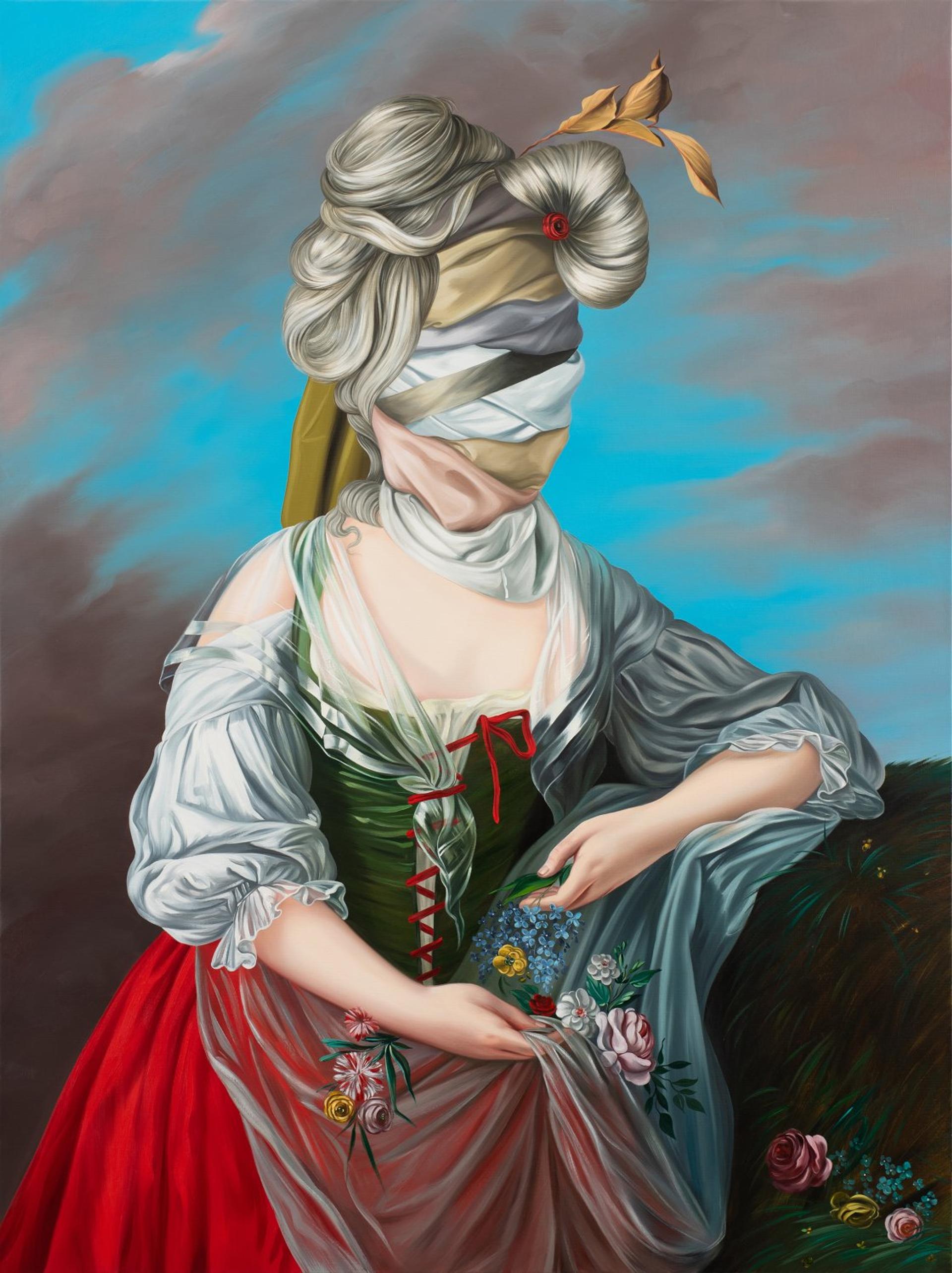 Surreal portrait of faceless woman in historical dress holding scattered flowers.