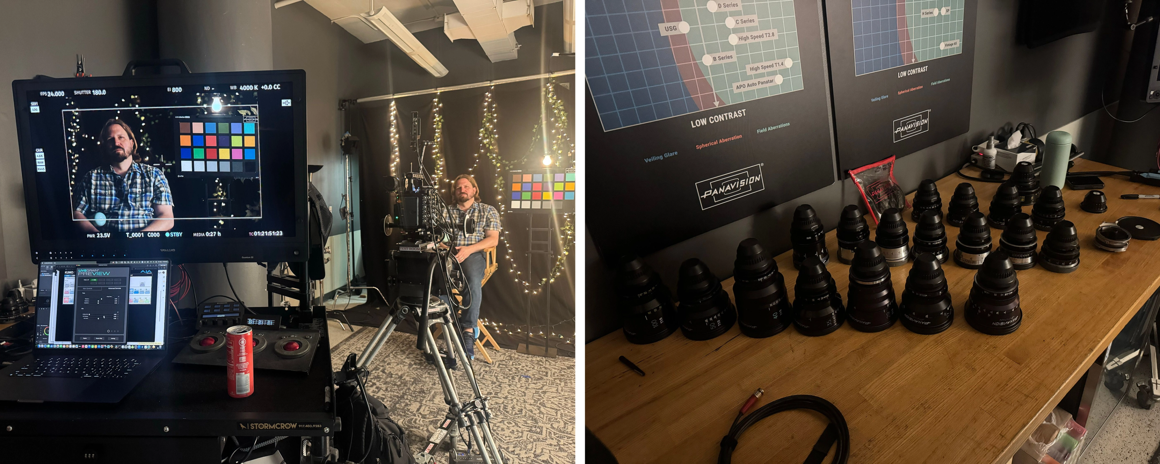Two images. On the left, a person sitting in a chair in front of a camera. On the right, 20 camera lenses laid out on a table. 