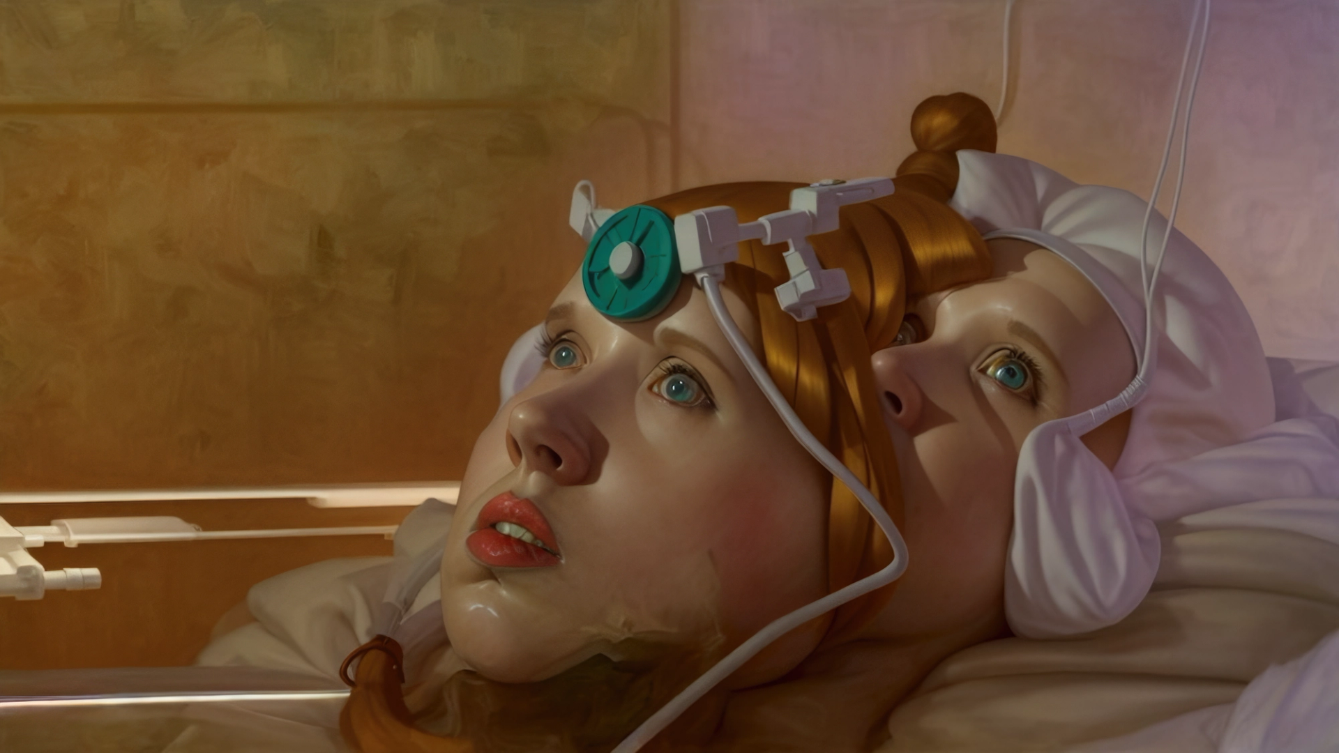 A hyperrealistic digital painting of two identical female faces with auburn hair, lying down and connected by medical-looking plastic tubing and hardware.