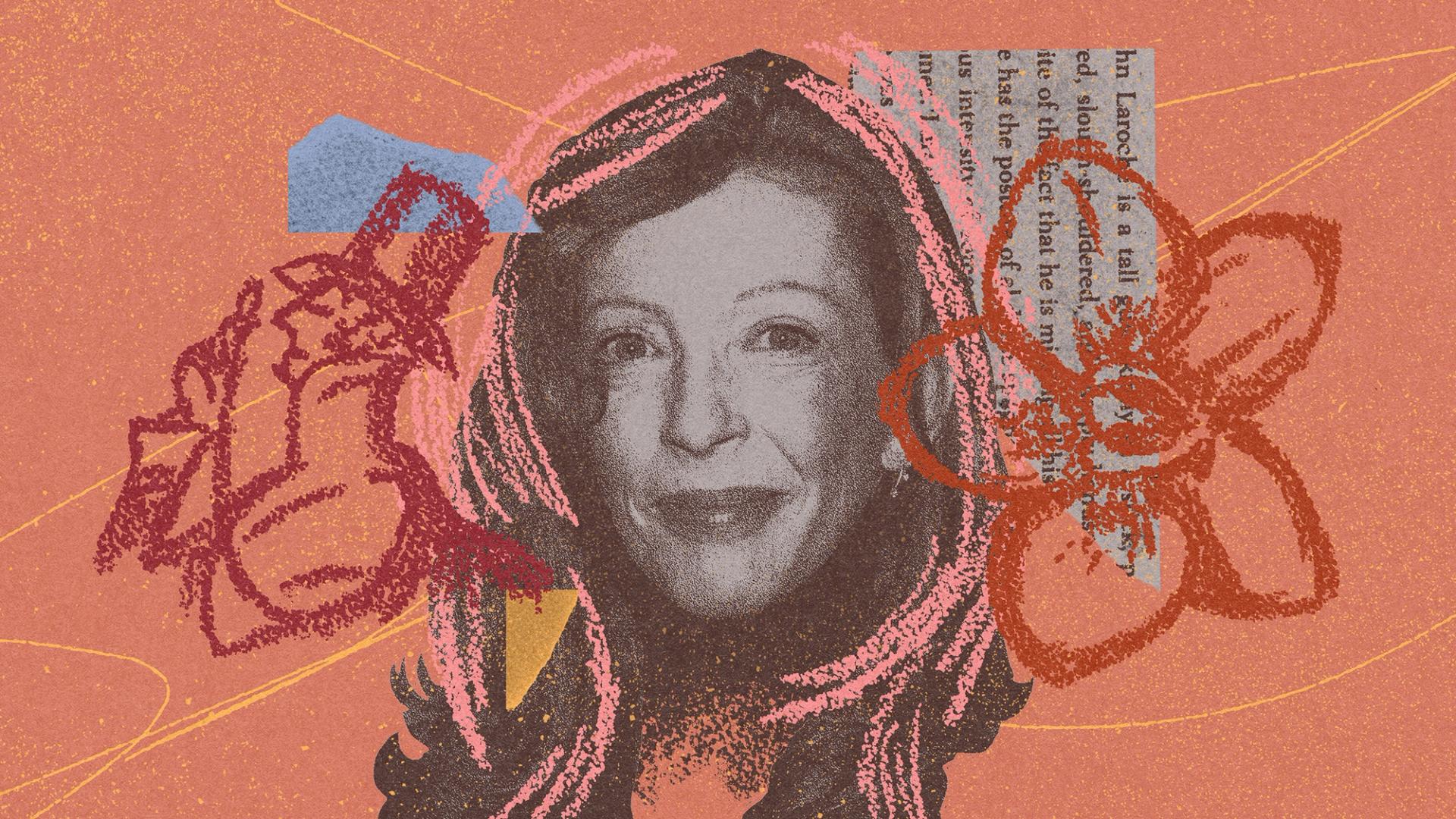 A collaged portrait of a woman in black and white, set against a peach background layered with torn book text, hand-drawn flowers, crayon scribbles, and a red illustrative figure.