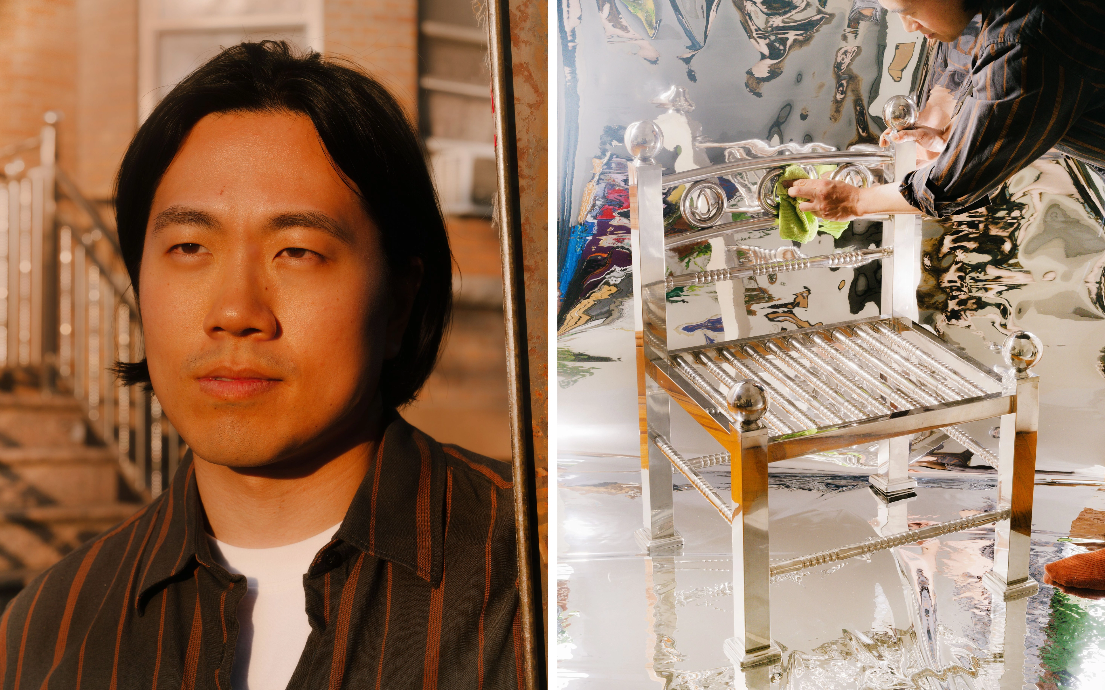 Close-up of designer Han Seungmin gazing off-camera in front of a stainless steel fence; Han Seungmin polishes finials on a White Picket Chair indoors..
