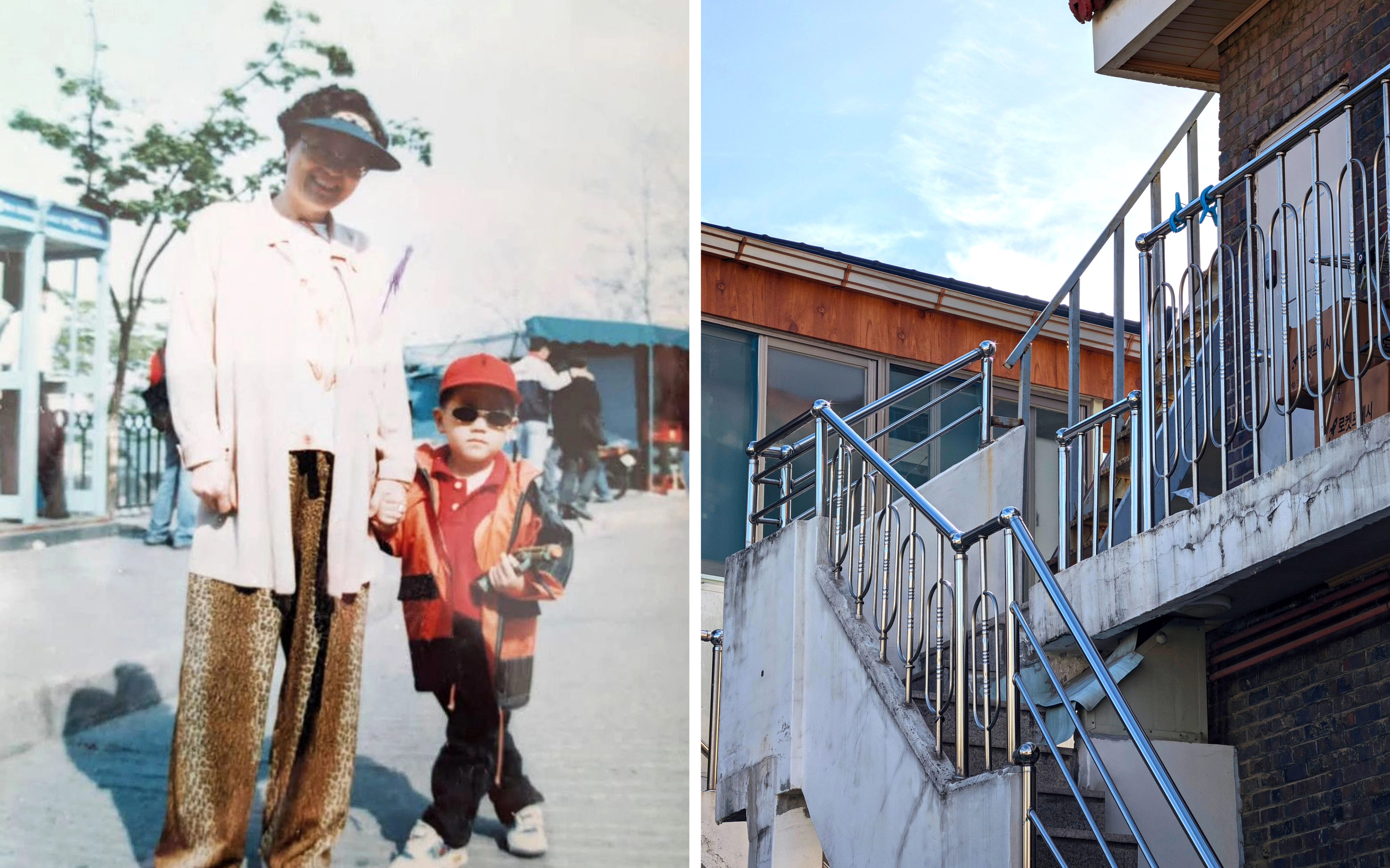 A faded photograph of a woman in a visor standing next to a child in sunglasses and a red hat on a street; exterior shot of a stainless steel staircase railing.