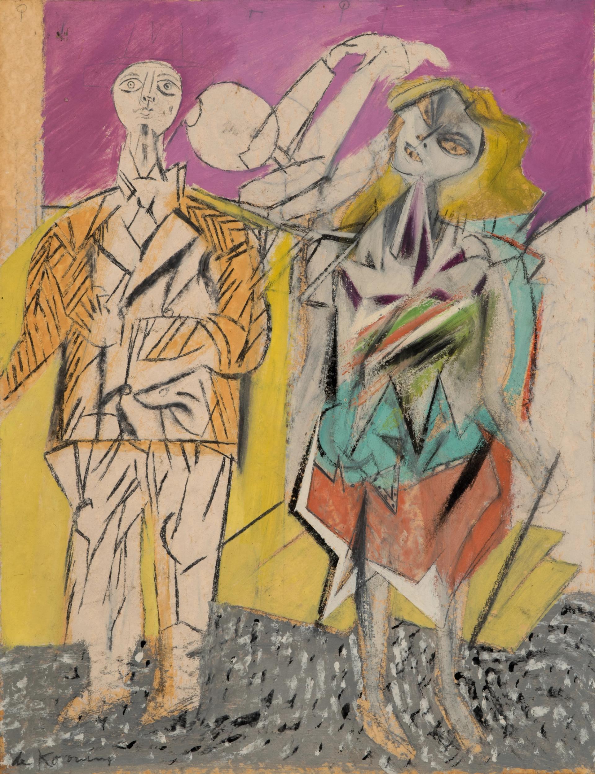 Angular man and woman in an expressionistic drawing with vivid pastel colors and abstract forms.