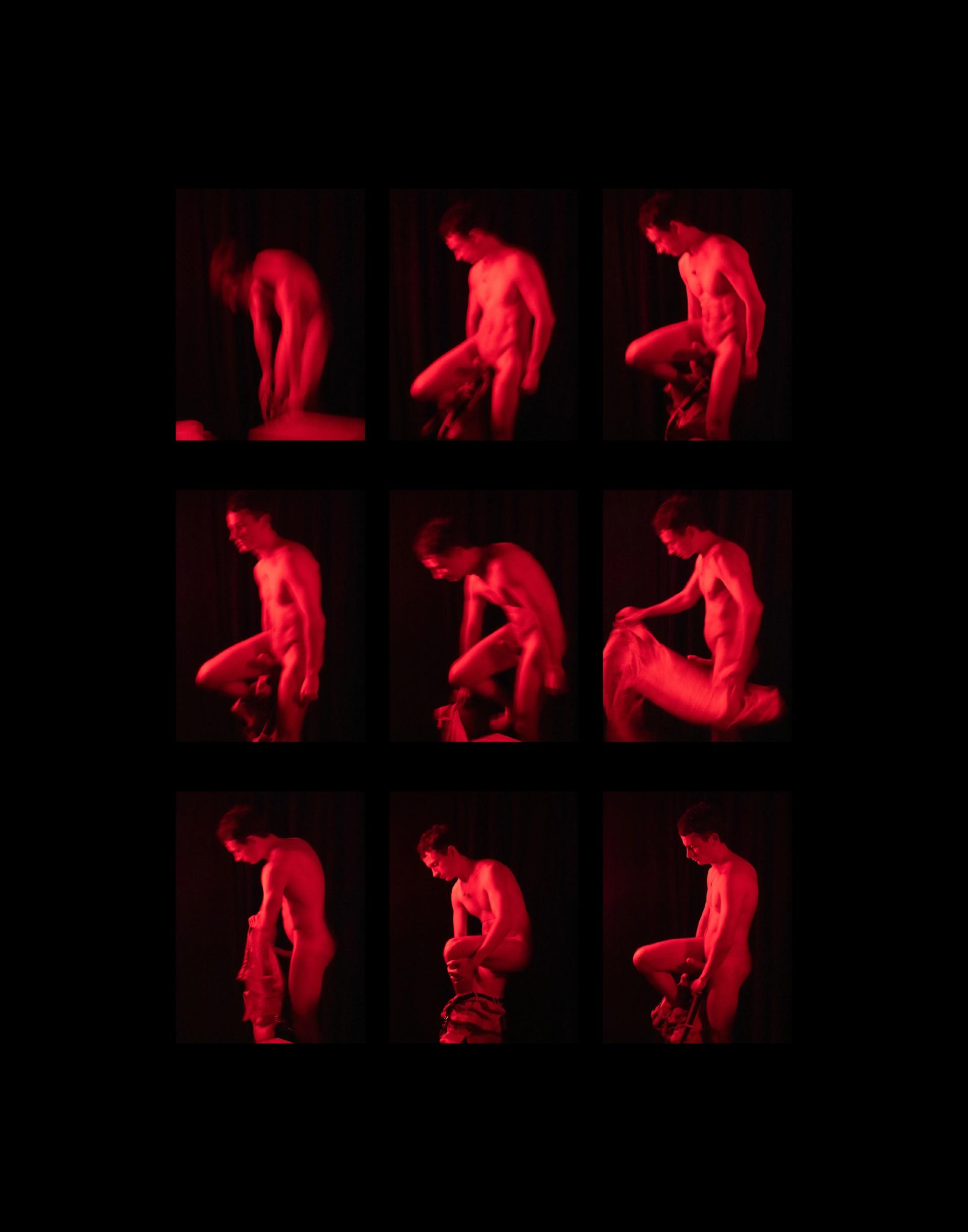 Nine red-lit sequential photographs show a nude figure removing clothing.