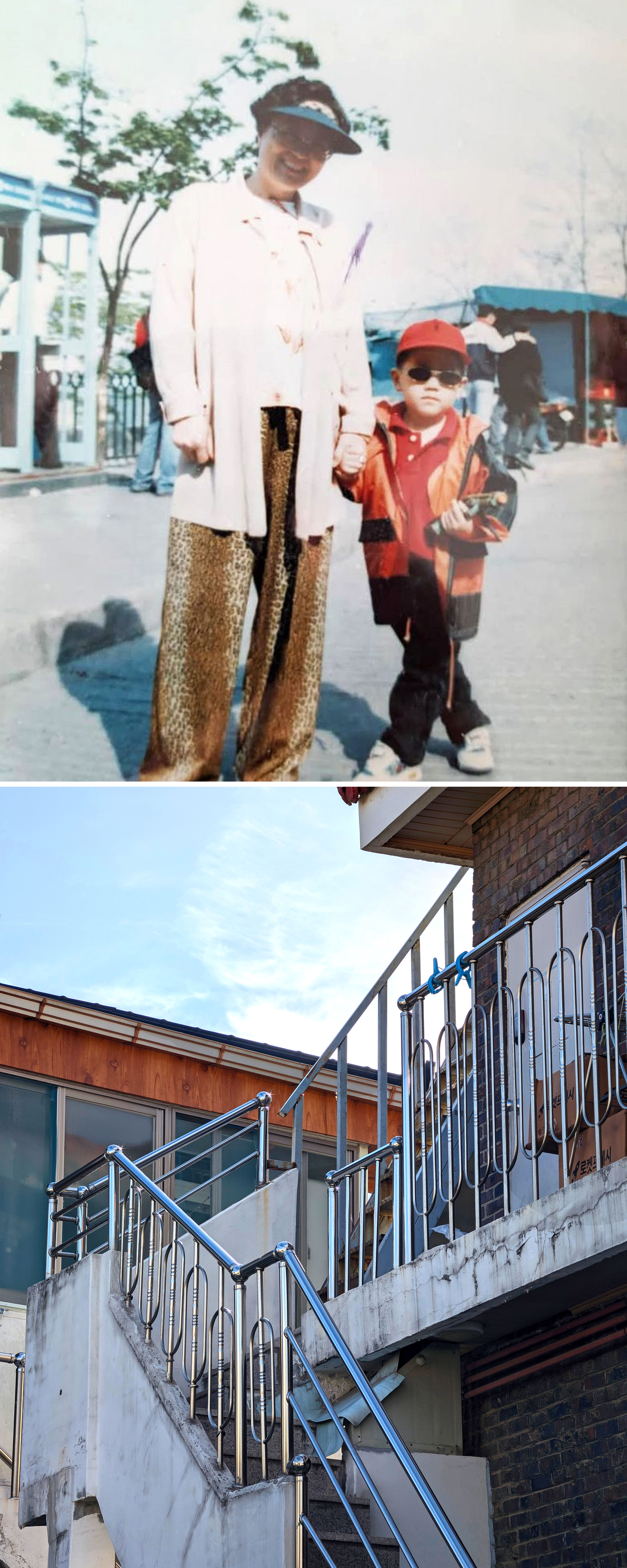 A faded photograph of a woman in a visor standing next to a child in sunglasses and a red hat on a street; exterior shot of a stainless steel staircase railing.