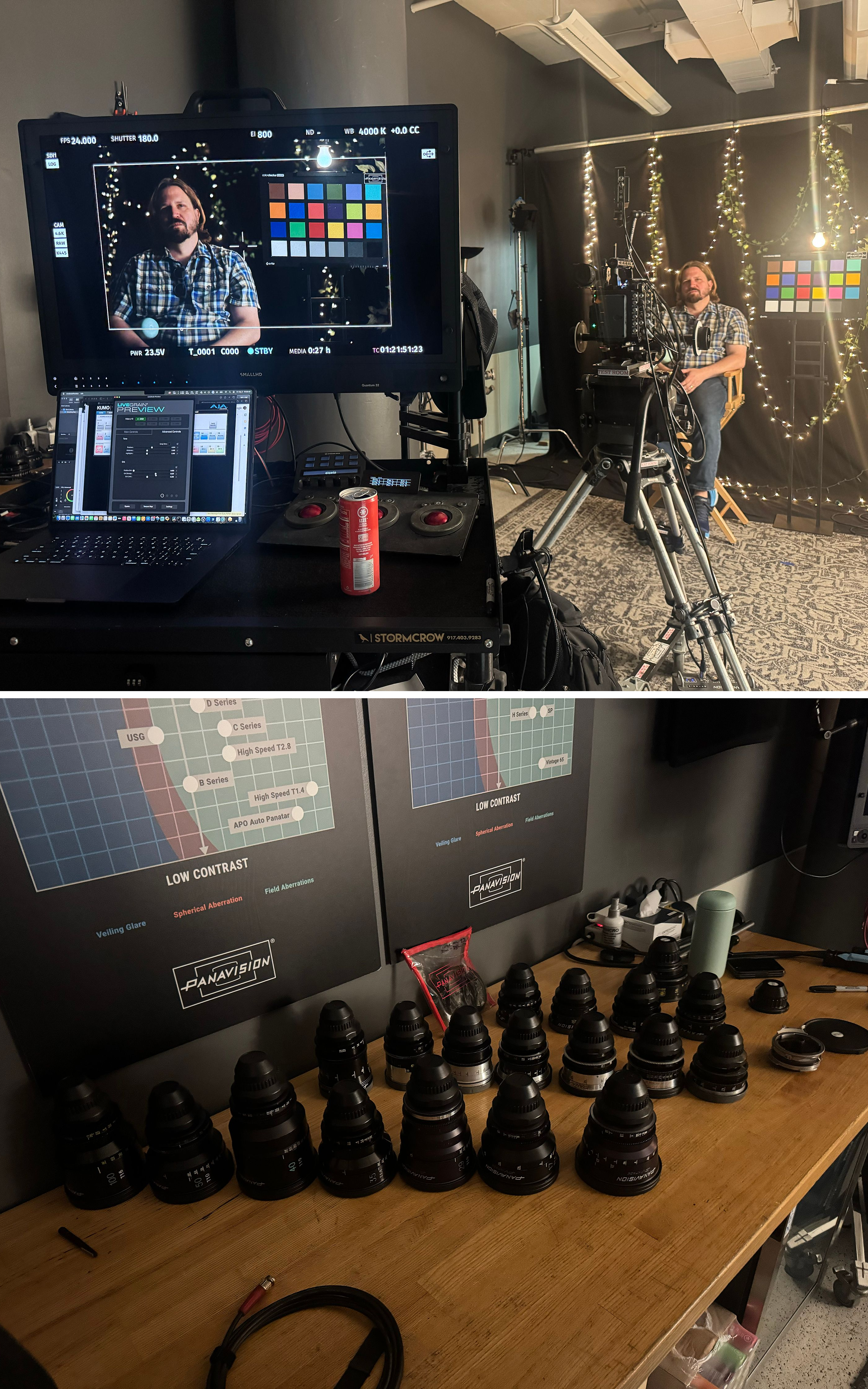 Two images. On the left, a person sitting in a chair in front of a camera. On the right, 20 camera lenses laid out on a table. 