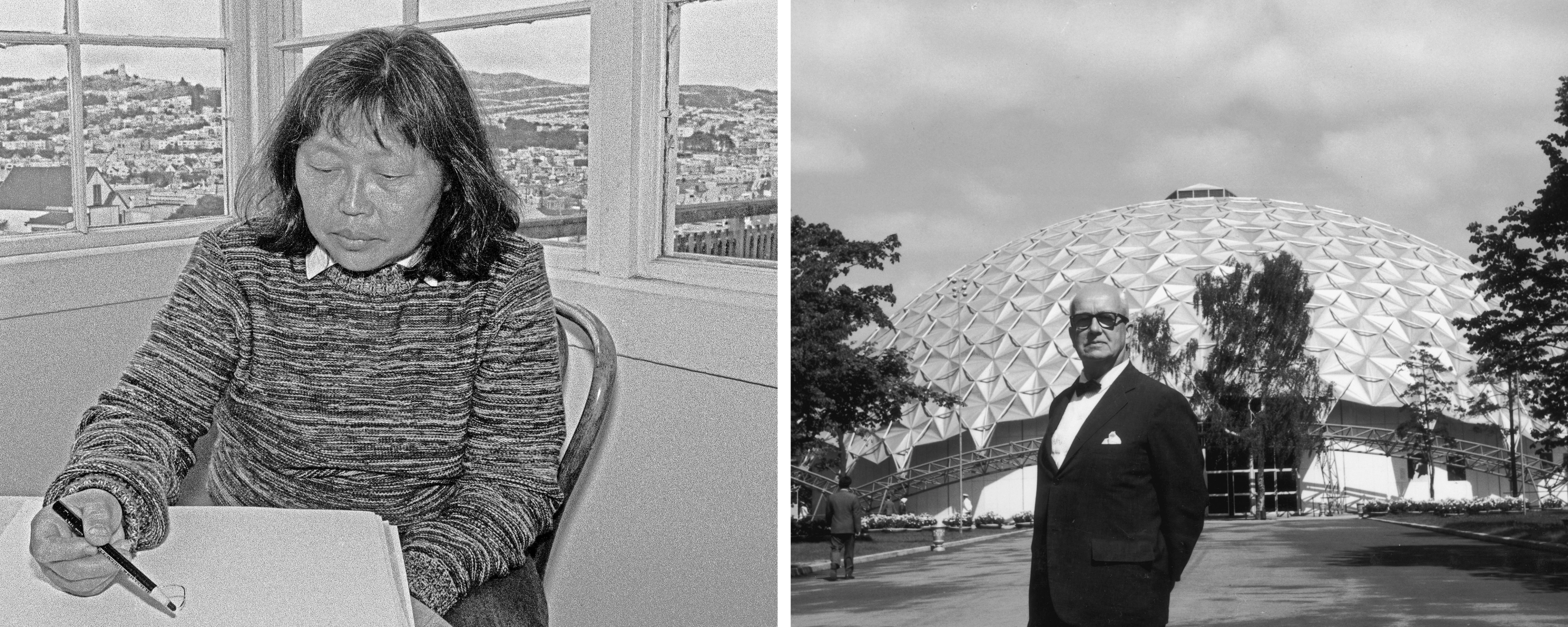 Ruth Asawa draws at a desk; American architect and inventor Richard Buckminster Fuller (1895 - 1983) posing in front of a geodesic dome.
