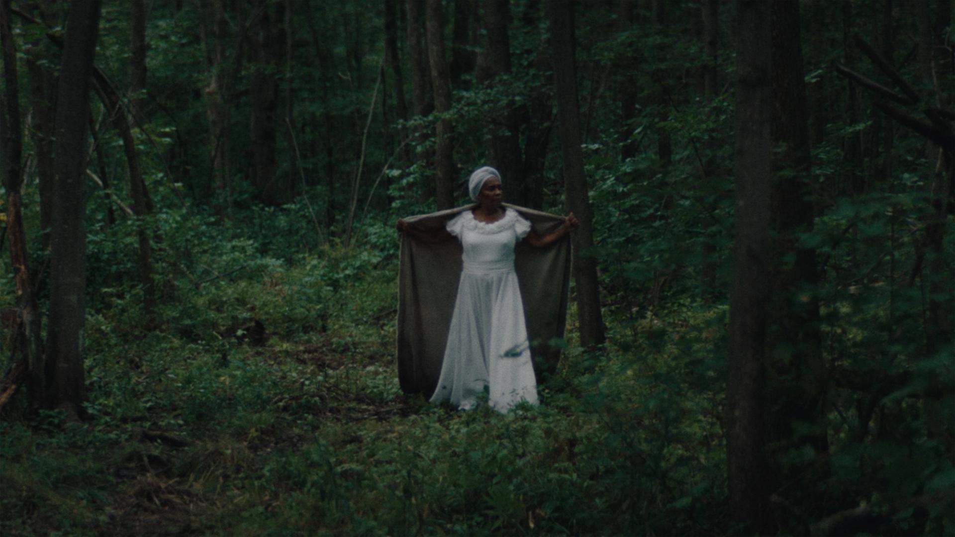Person in a white dress and headscarf stands in a dense forest, holding a dark cloth open behind them.