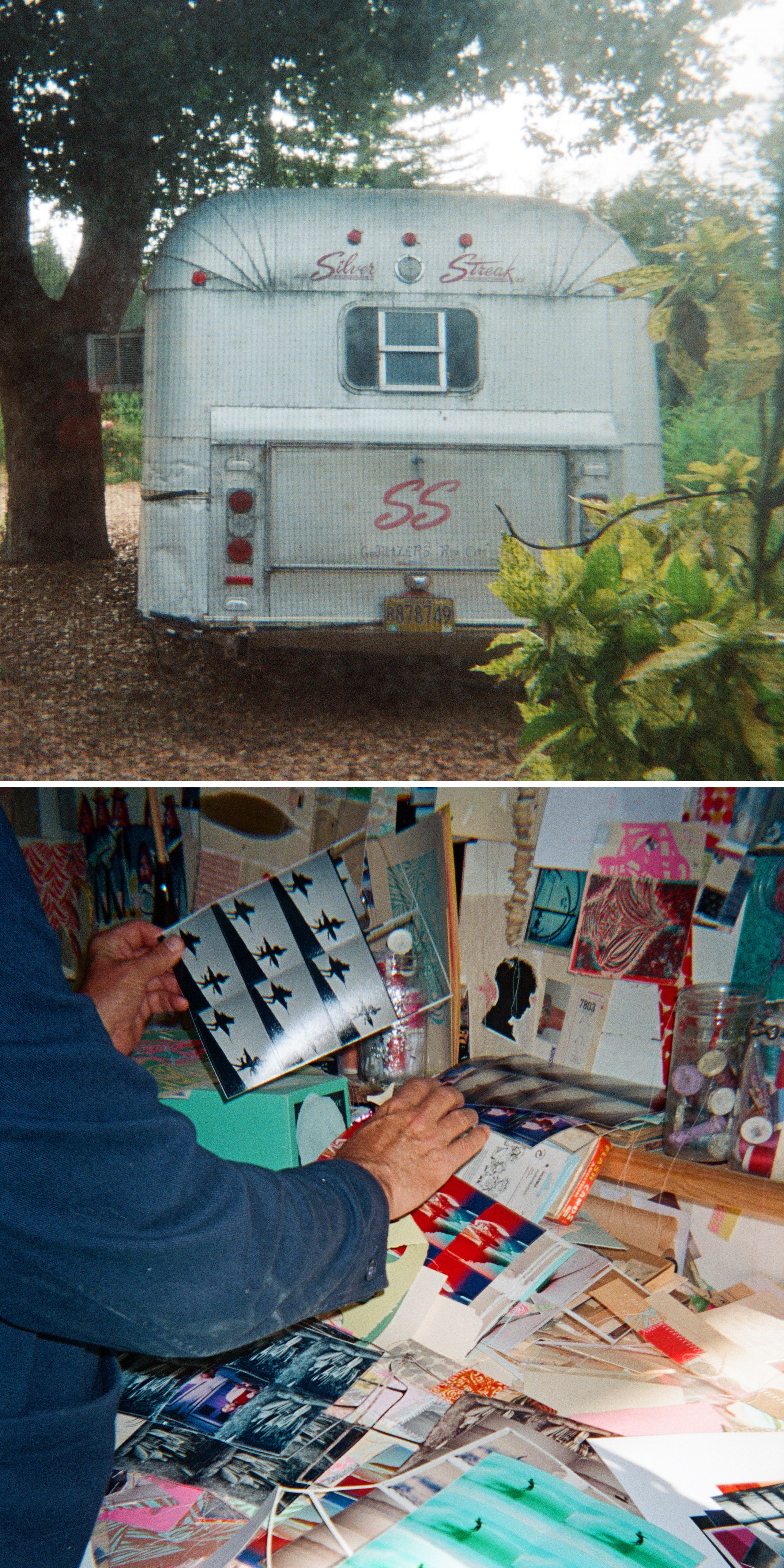 A vintage "Silver Streak" travel trailer with "SS" lettering on its rear door, parked on a gravel lot beneath leafy trees, its aluminum siding weathered and dull.; A person sorting through a cluttered studio table piled with colorful photos, prints, and collage materials, holding up one image while jars of trinkets sit on a shelf behind.